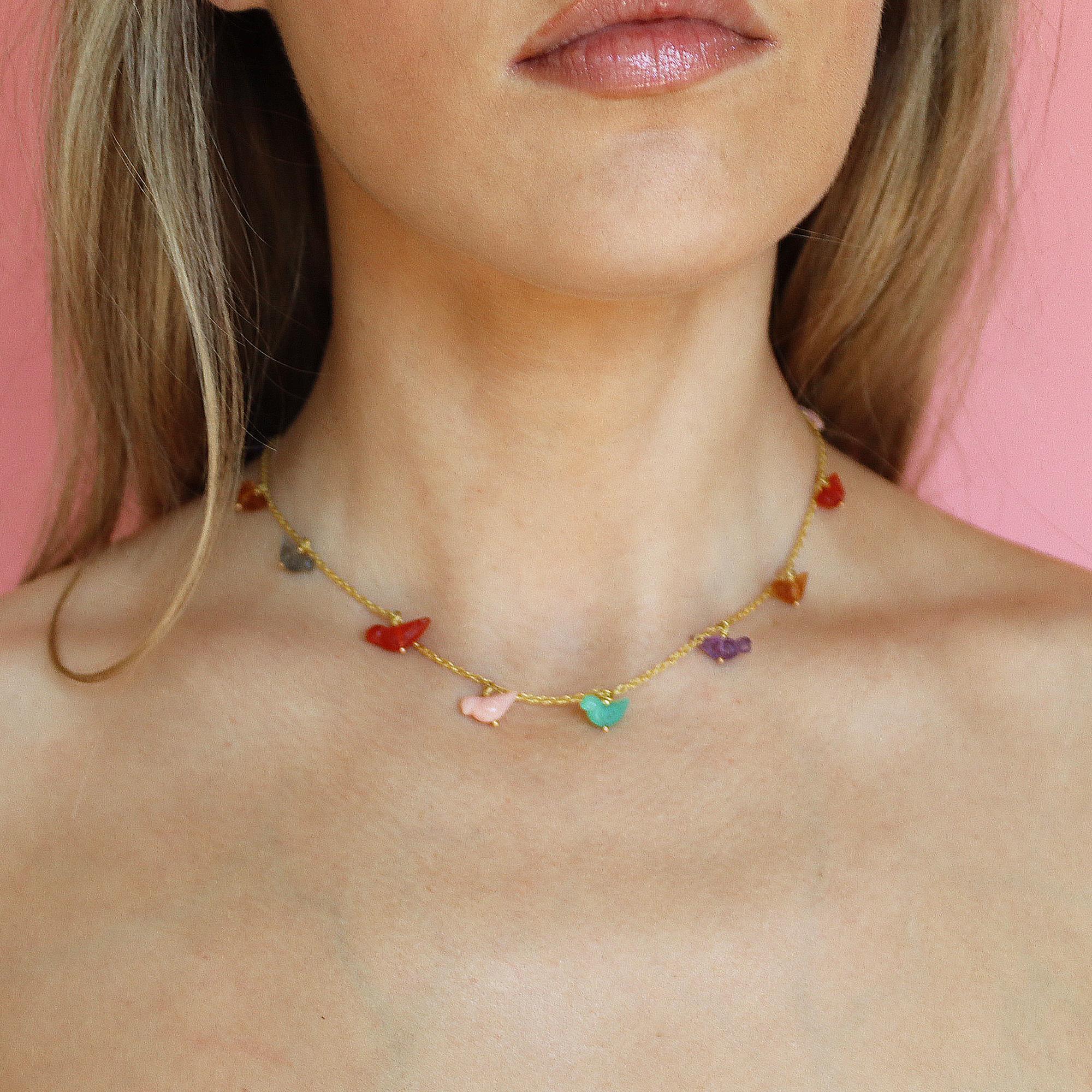 Ico & the Bird Chrysoprase, Opal, Quartz, Carnelian Bird 22k Gold Necklace   In New Condition For Sale In Los Angeles, CA