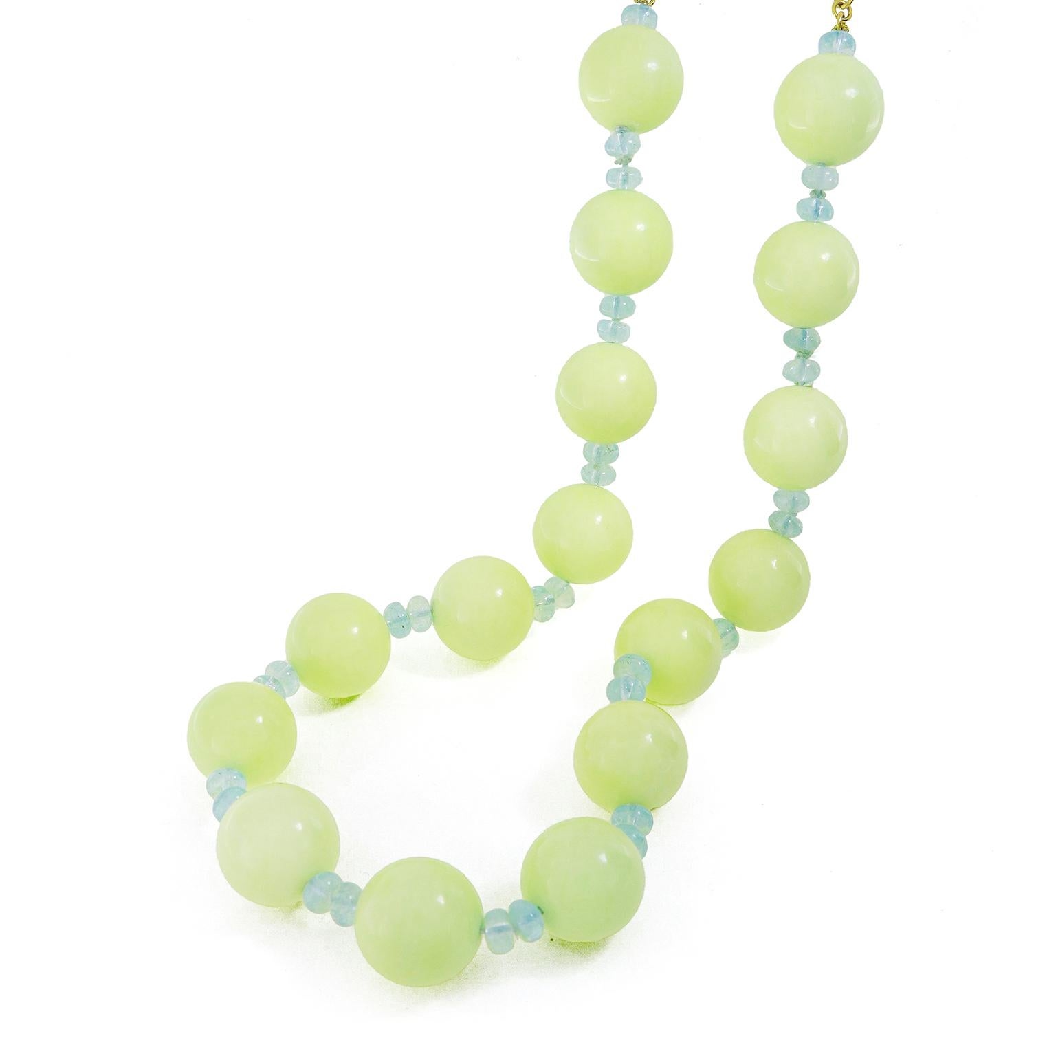 Ball Cut Chrysoprase Ball and Aquamarine Rondelle 18K Yellow Gold Necklace