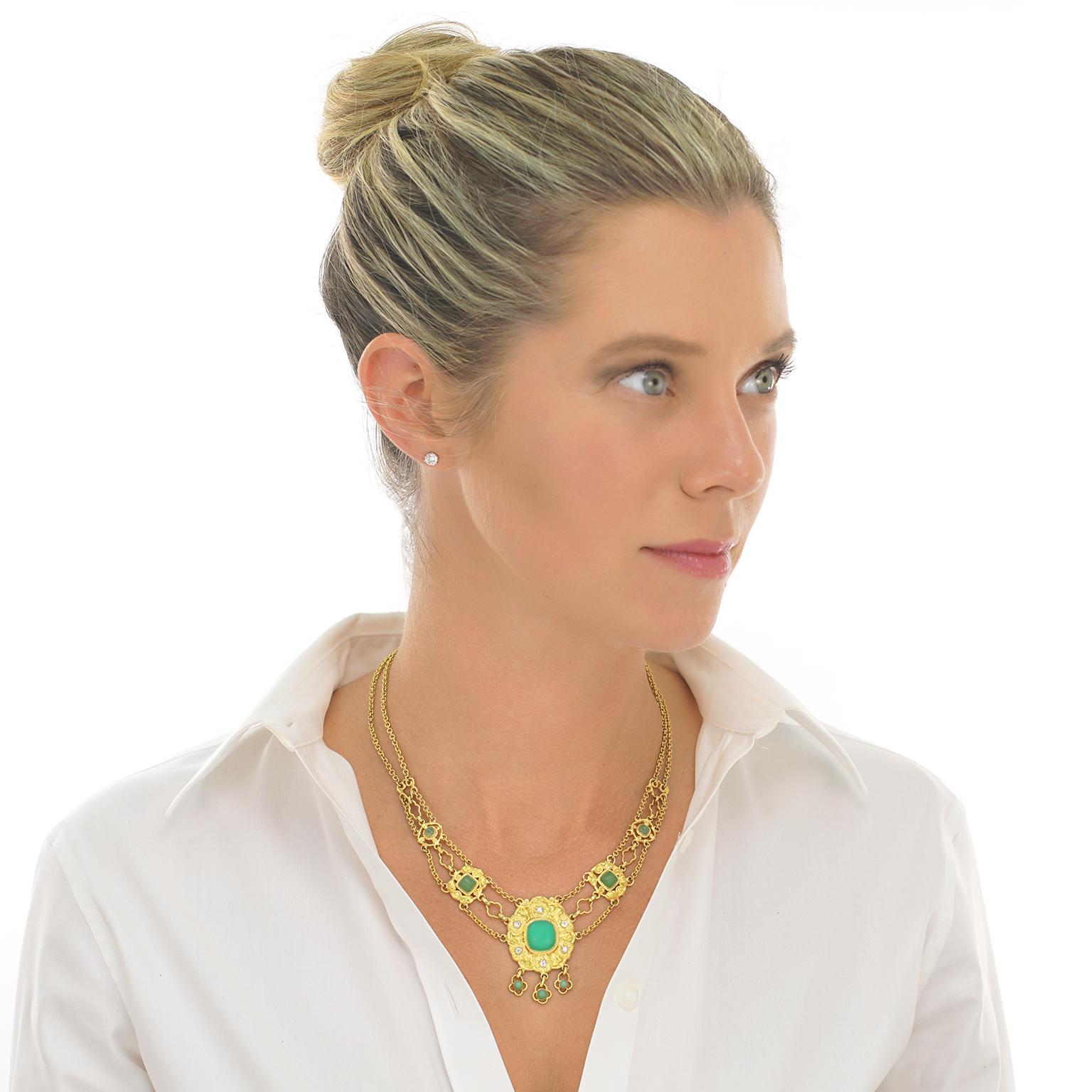 Chrysopras und Diamant-Halskette 18 Karat (Cabochon) im Angebot