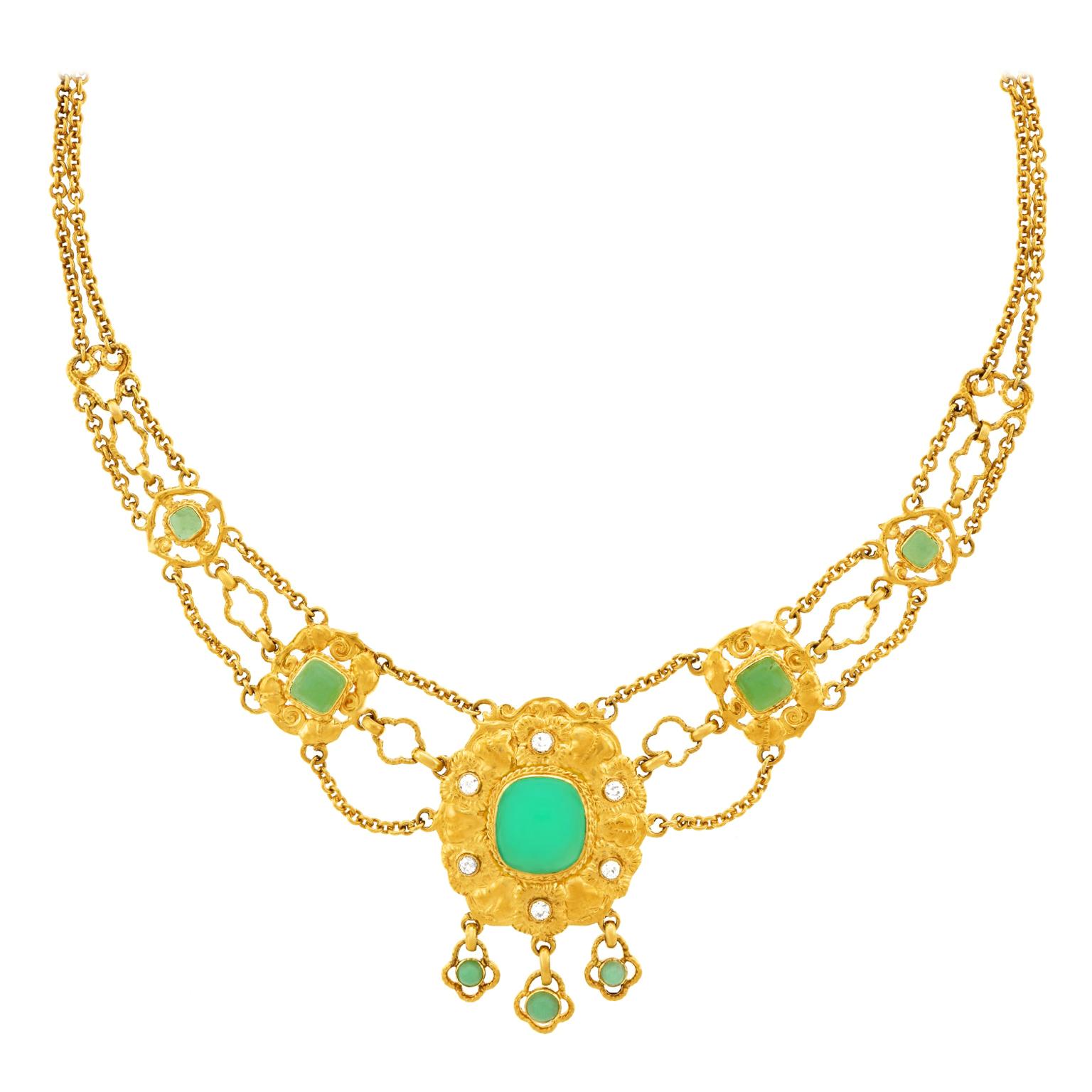 Chrysopras und Diamant-Halskette 18 Karat