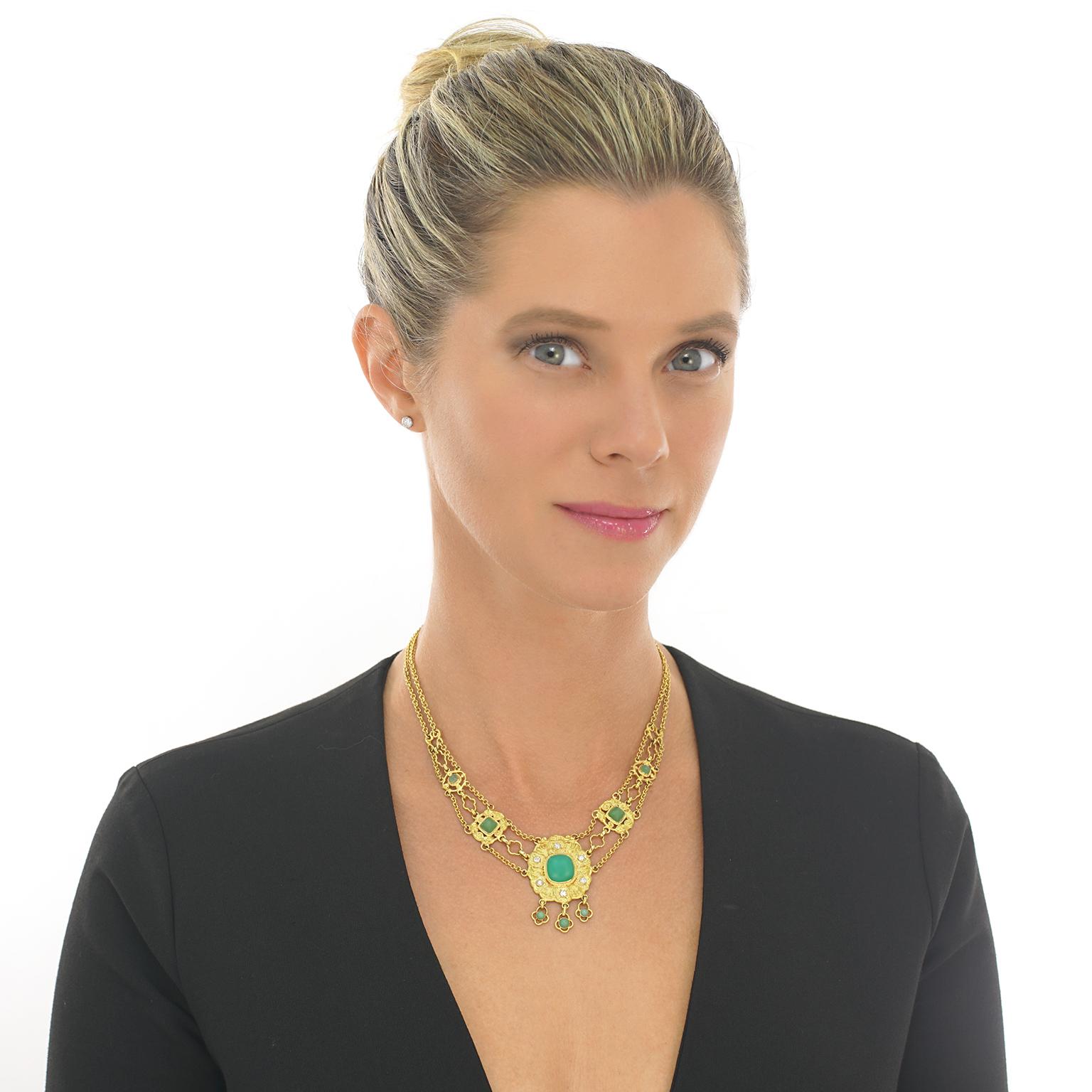 Circa 1890s, 18k, attributed Swiss. This sublime necklace melds Art, mysticism and science. Set with bright chrysoprase and diamonds (.50cttw, H, SI1-2), this one-of-a-kind piece is meticulously hand fabricated in 18k yellow gold. Of particular note