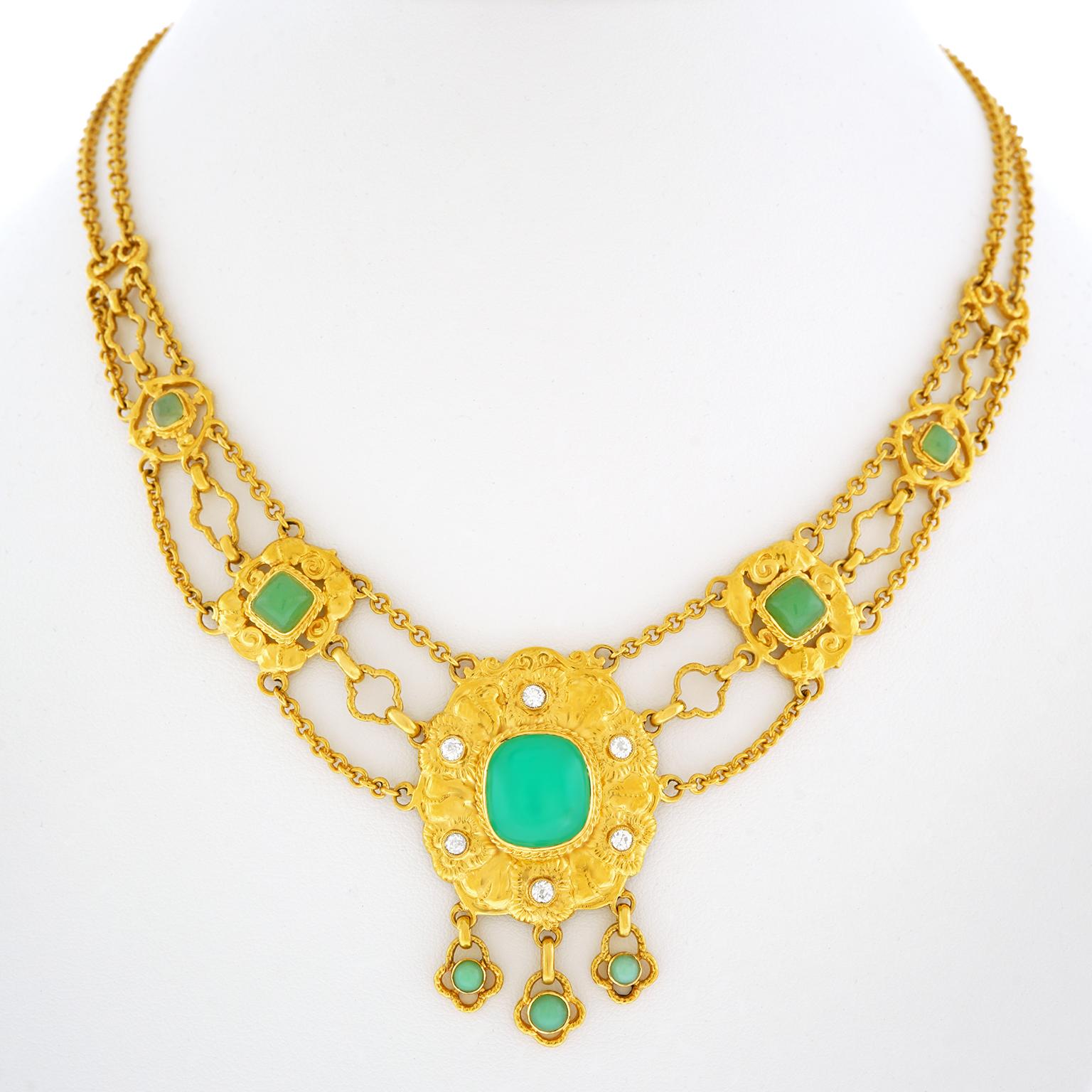 Victorian Chrysoprase and Diamond Necklace 18 Karat