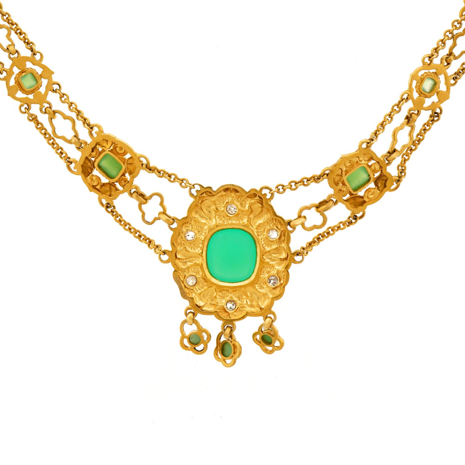 Chrysoprase and Diamond Necklace 18 Karat 1