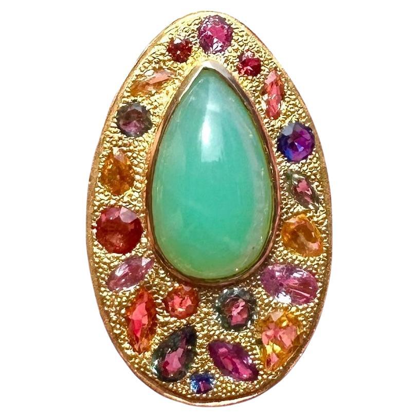 Chrysoprase and Multicolored Sapphires 18kt Gold Pear Cocktail Ring