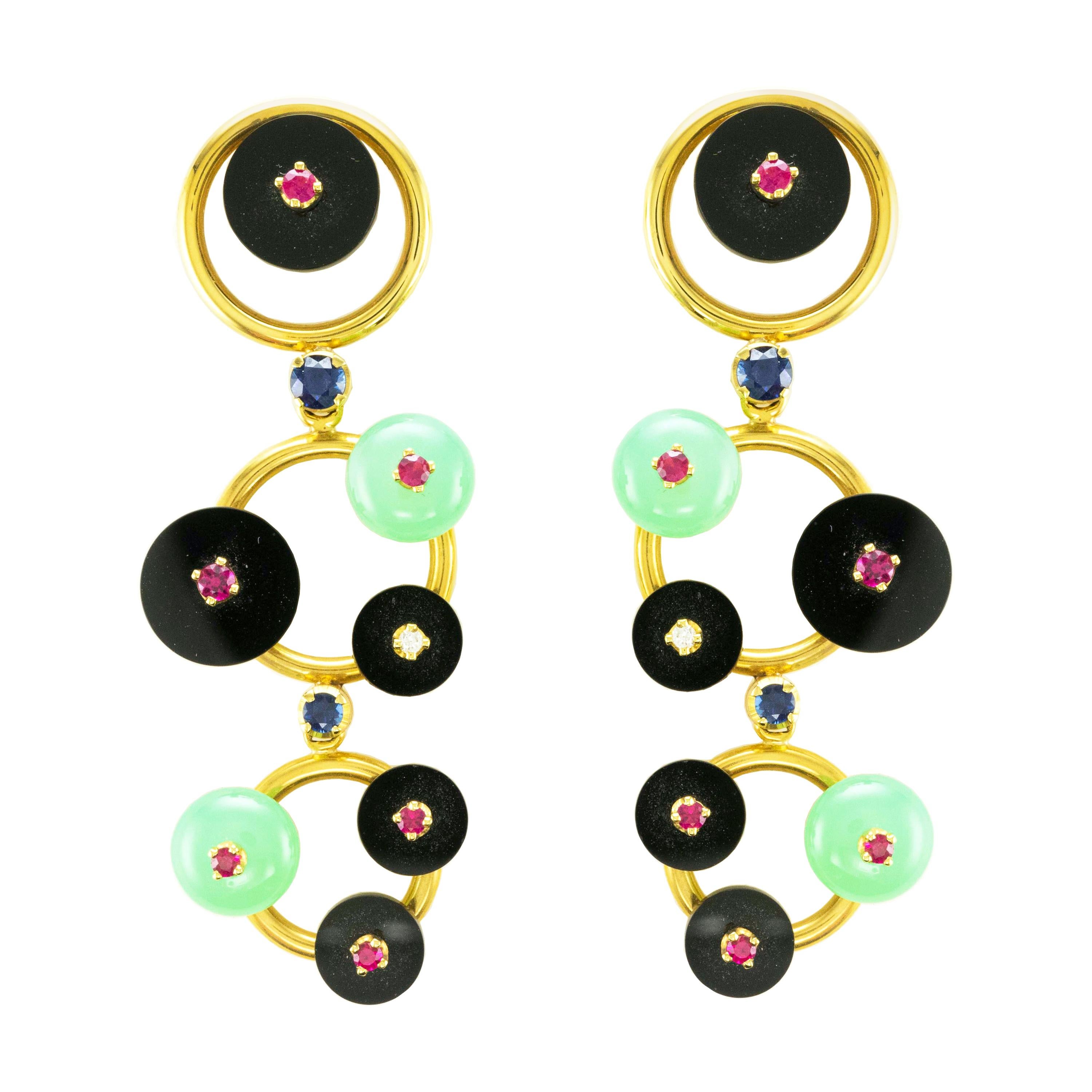 Chrysoprase and Onyx 18 Karat Gold Drop Earrings For Sale