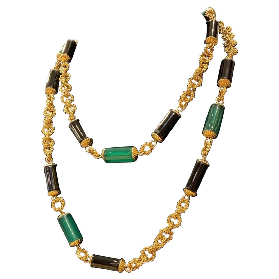 Chrysoprase and Onyx Bead Yellow Gold Sautoir Chain Necklace