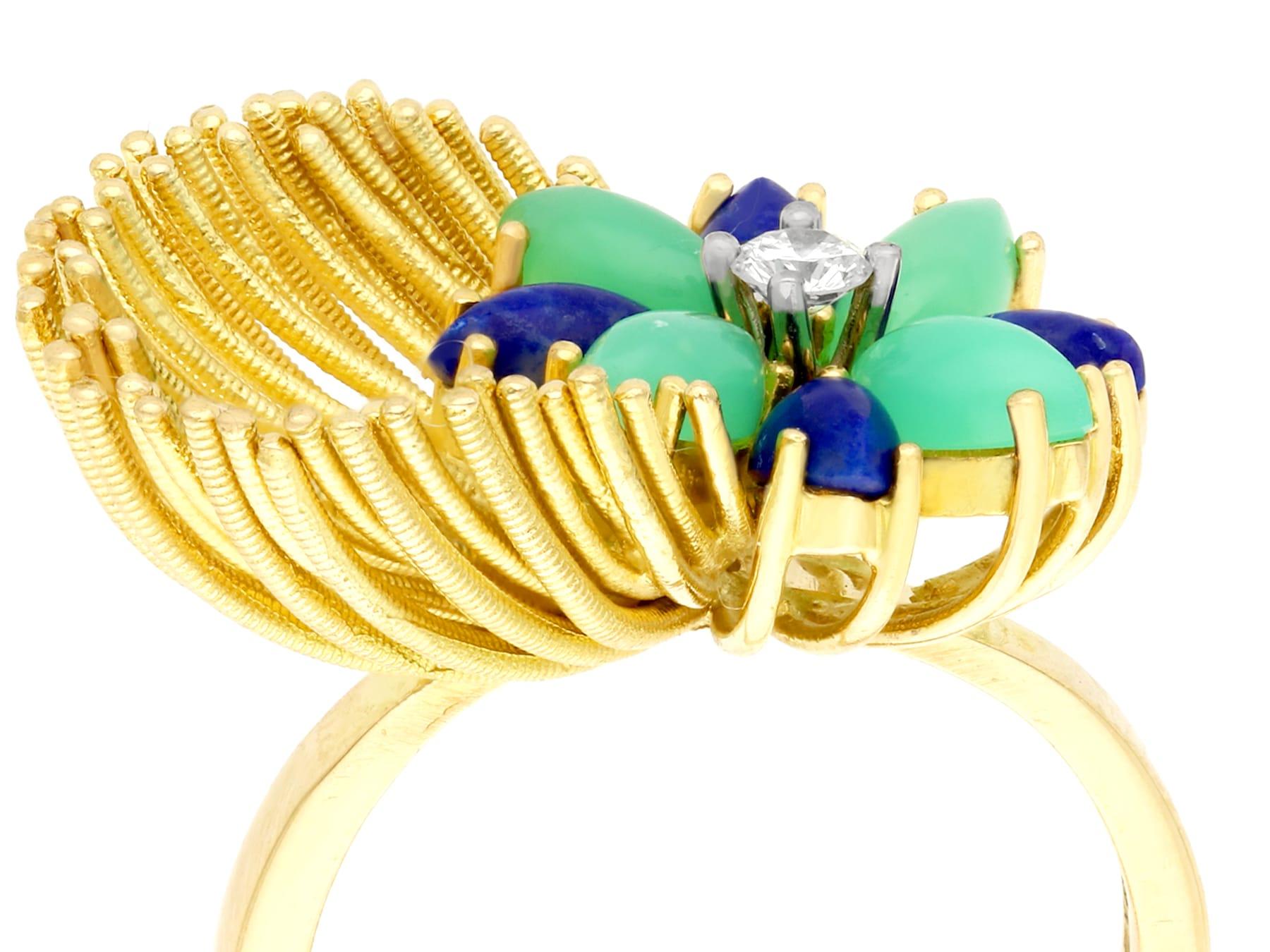 An impressive vintage 1980s 1.04 carat chrysoprase, 0.65 carat sodalite, 0.12 carat diamond and 18 karat yellow and white gold dress ring; part of our diverse vintage  jewelry collections.

This fine and impressive vintage ring has been crafted in