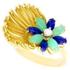 Anello cocktail in crisoprasio e sodalite degli anni '80 con diamanti e oro giallo