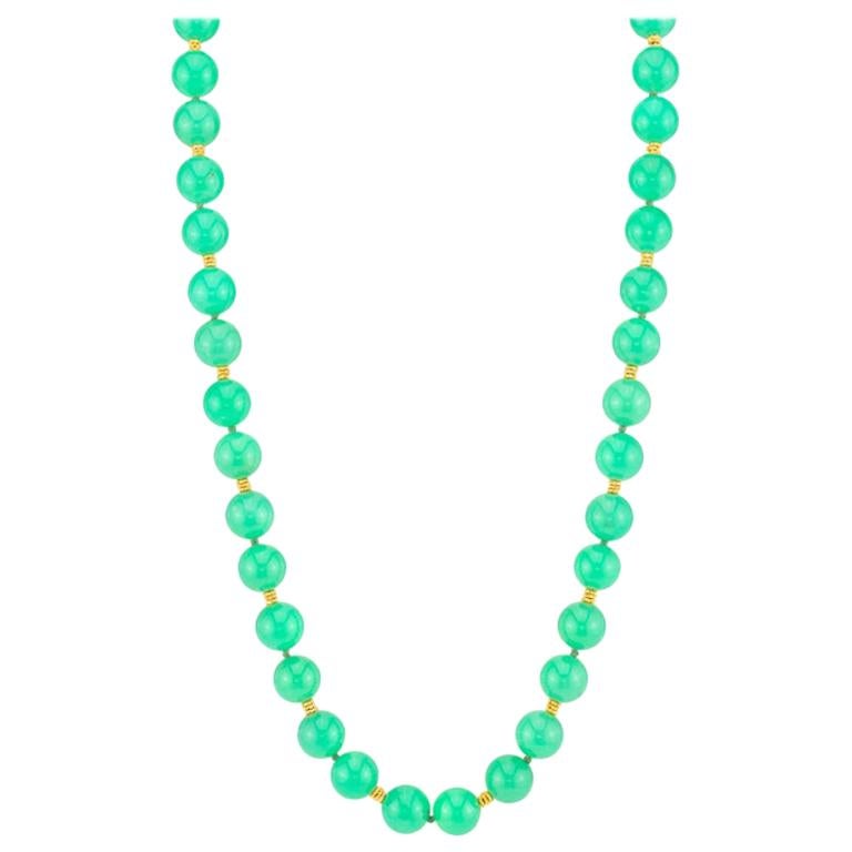 11mm Chrysoprase Bead Strand Necklace with Yellow Gold Bead Accents, 21 inches