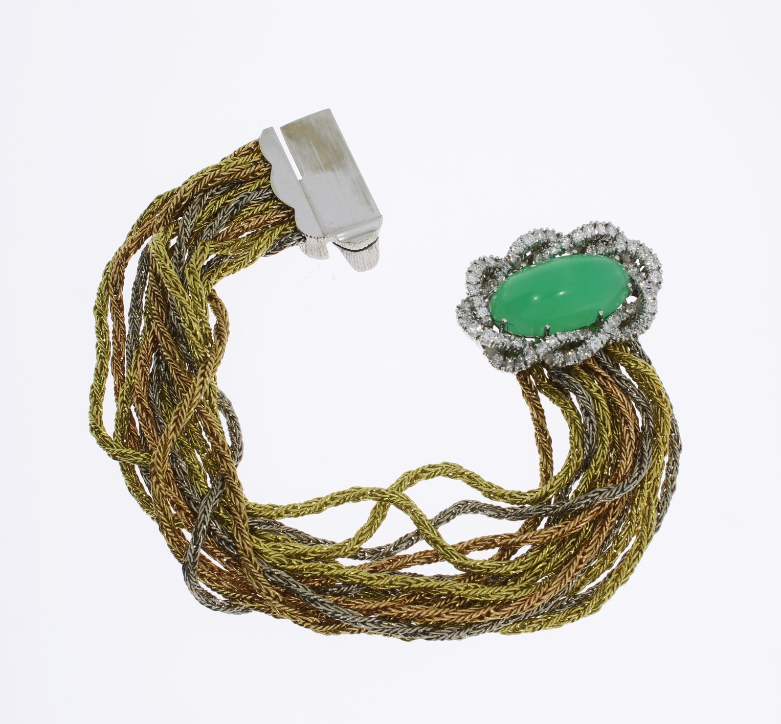 Women's Chrysoprase Cabochon Diamond Braided Gold Bracelet For Sale
