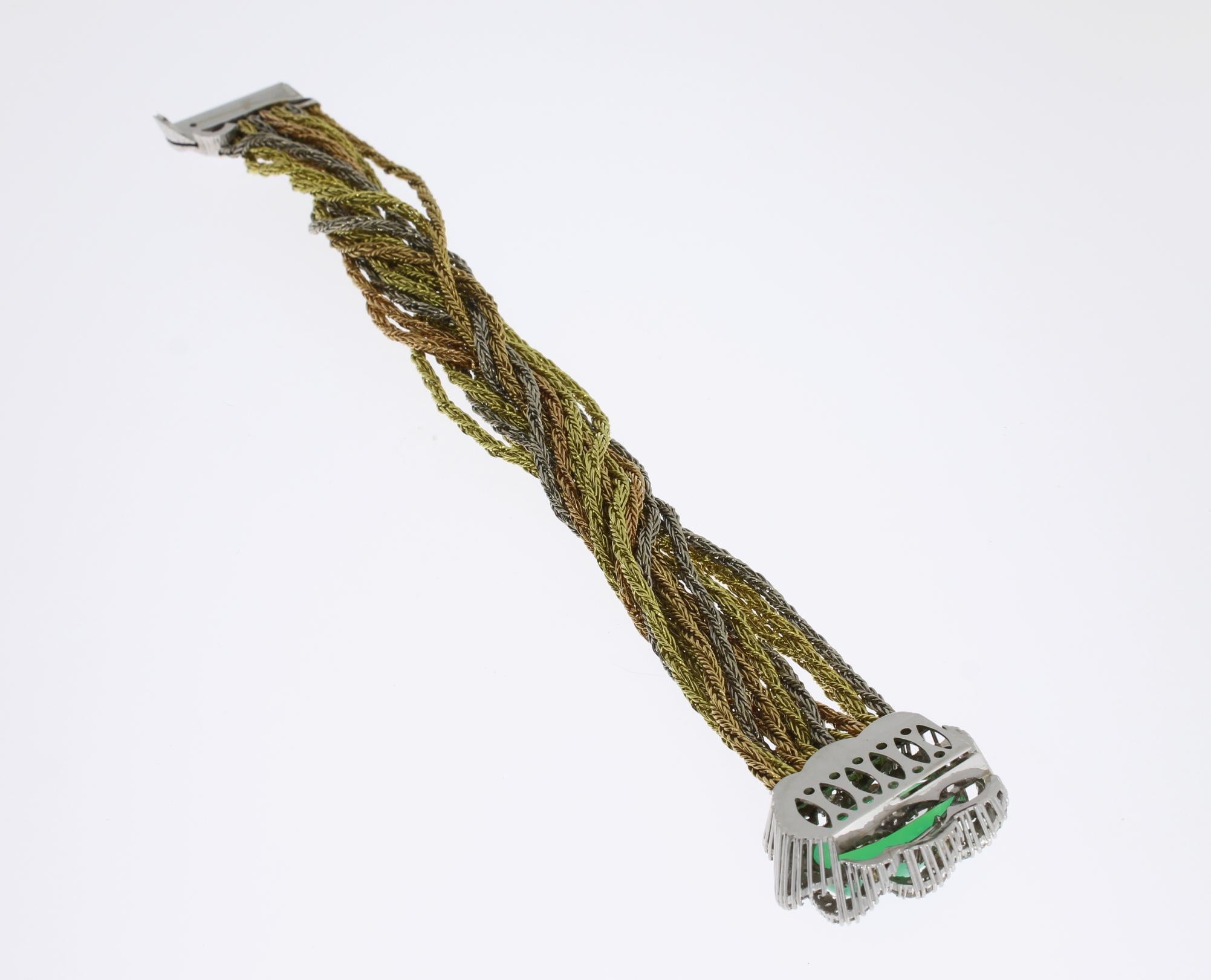 Chrysoprase Cabochon Diamond Braided Gold Bracelet For Sale 1