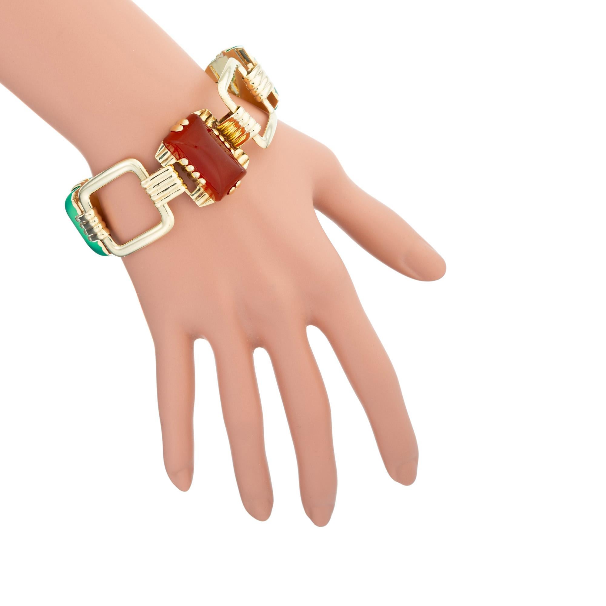 Bracelet à maillons rectangulaire Art déco en or, chrysoprase et cornaline Pour femmes en vente