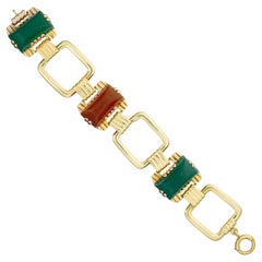 Bracelet à maillons rectangulaire Art déco en or, chrysoprase et cornaline