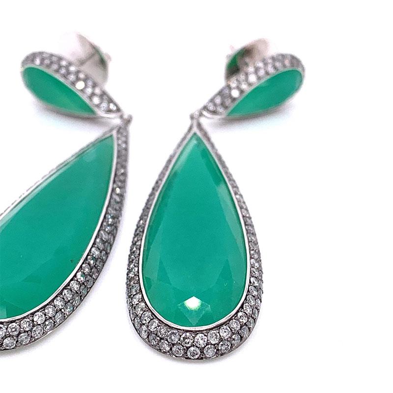 Pear Cut Chrysoprase Chalcedony Diamond Gold Drop Earrings For Sale