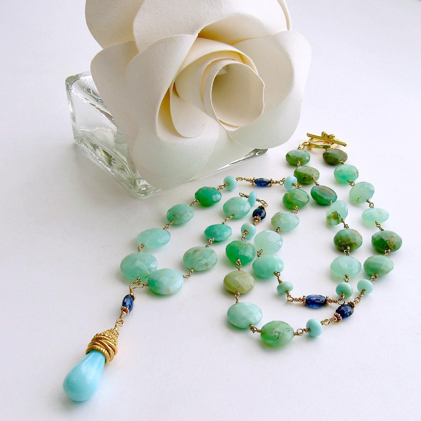 Oval Cut Chrysoprase Coins Peruvian Blue Opal Kyanite Necklace, Molly II Necklace