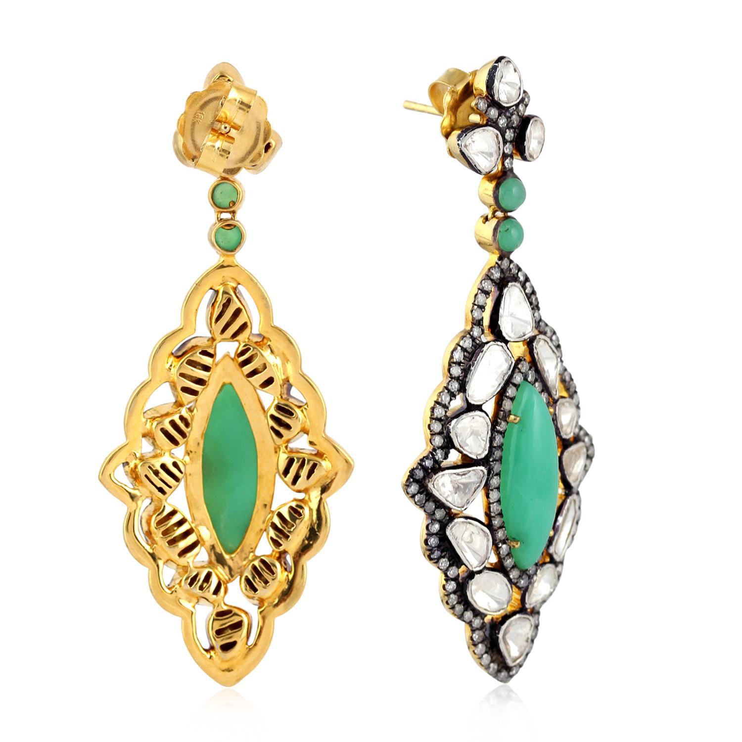 Taille mixte Pendants d'oreilles en or 18 carats et argent sterling avec chrysoprase et diamants 8,35 carats en vente