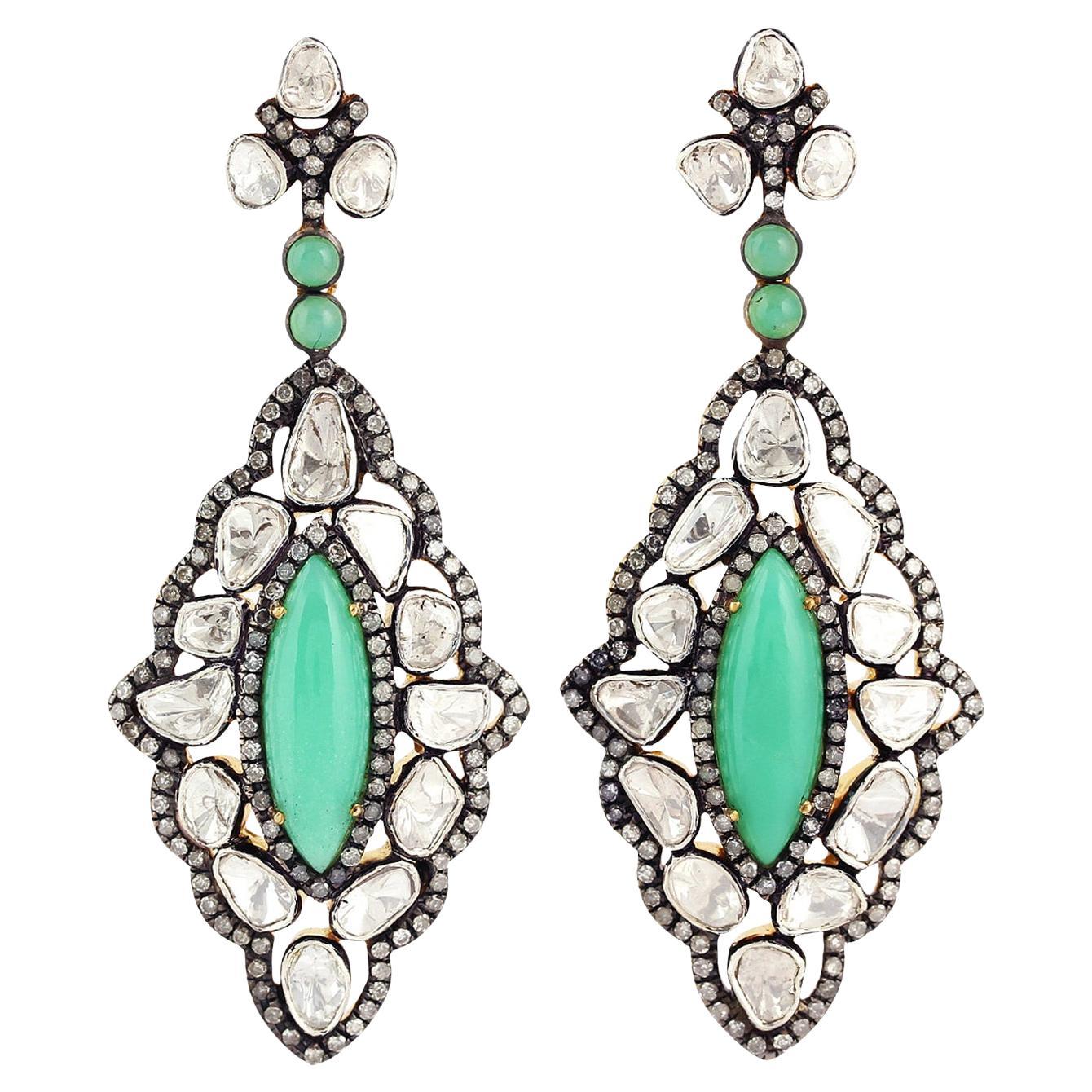 Pendants d'oreilles en or 18 carats et argent sterling avec chrysoprase et diamants 8,35 carats
