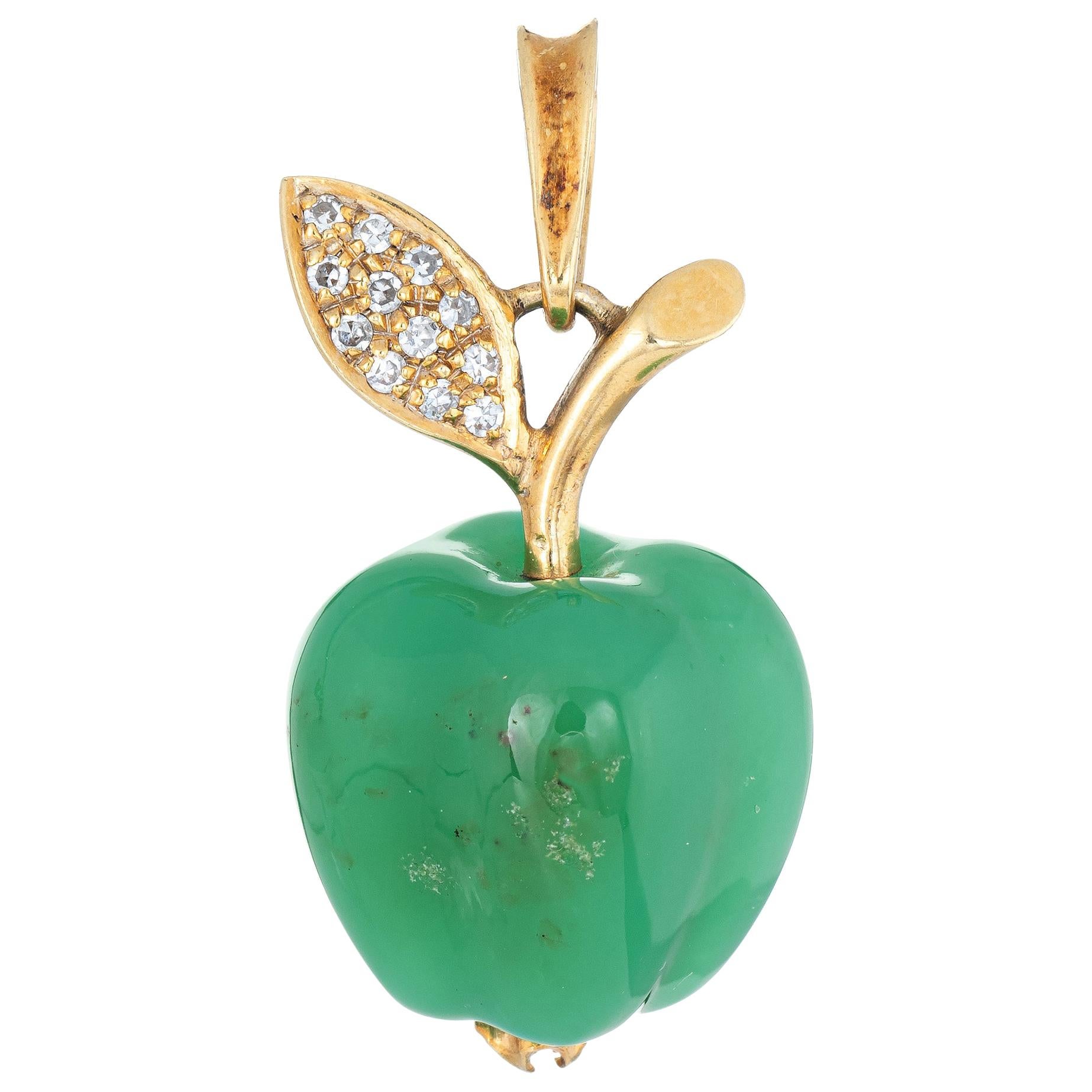 Chrysoprase Diamond Apple Pendant Charm Vintage 18 Karat Gold Fruit Jewelry