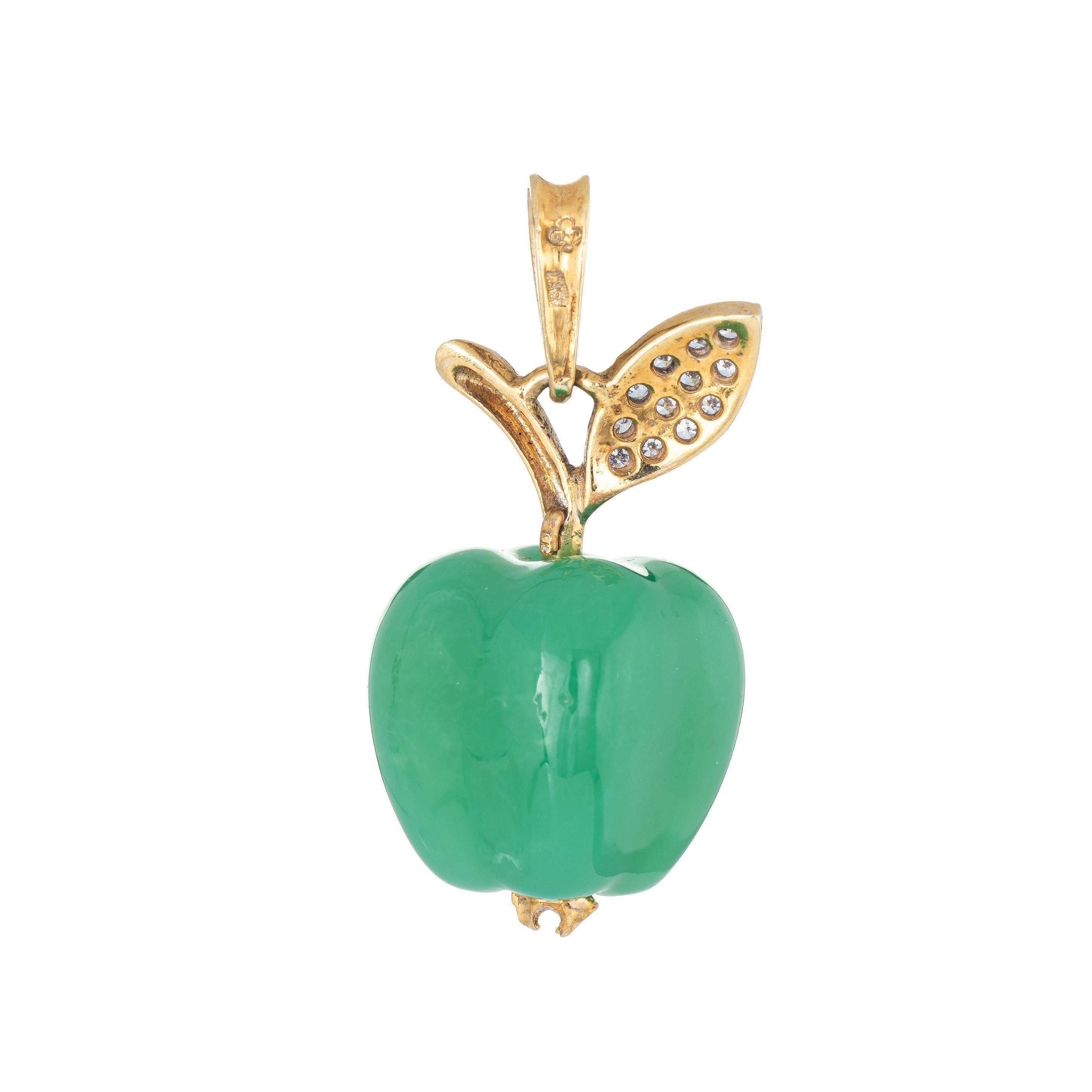 Finely detailed chrysoprase & diamond apple pendant crafted in 18k yellow gold.  

The chrysoprase apple measures 16mm x 15mm. The diamonds total an estimated 0.12 carats (estimated at H-I color and SI2-I1 clarity).  

The charming apple pendant can