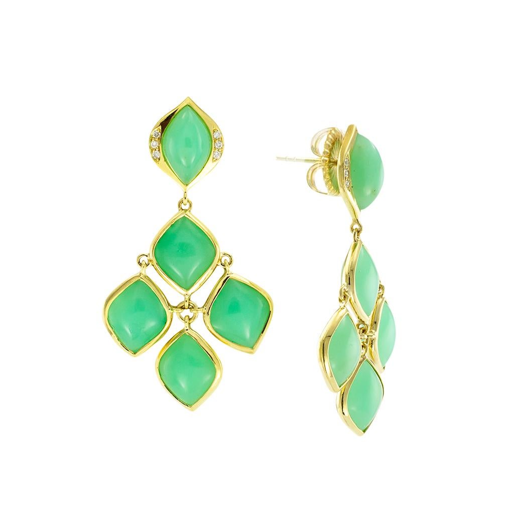 Chrysoprase and diamond gold drop earrings circa 1990. *

ABOUT THIS ITEM:  #E-DJ629i. Scroll down for detailed specifications.  Chrysoprase is a beautiful stone with a pleasant green color that resembles jade. Sadly, it is underutilized and