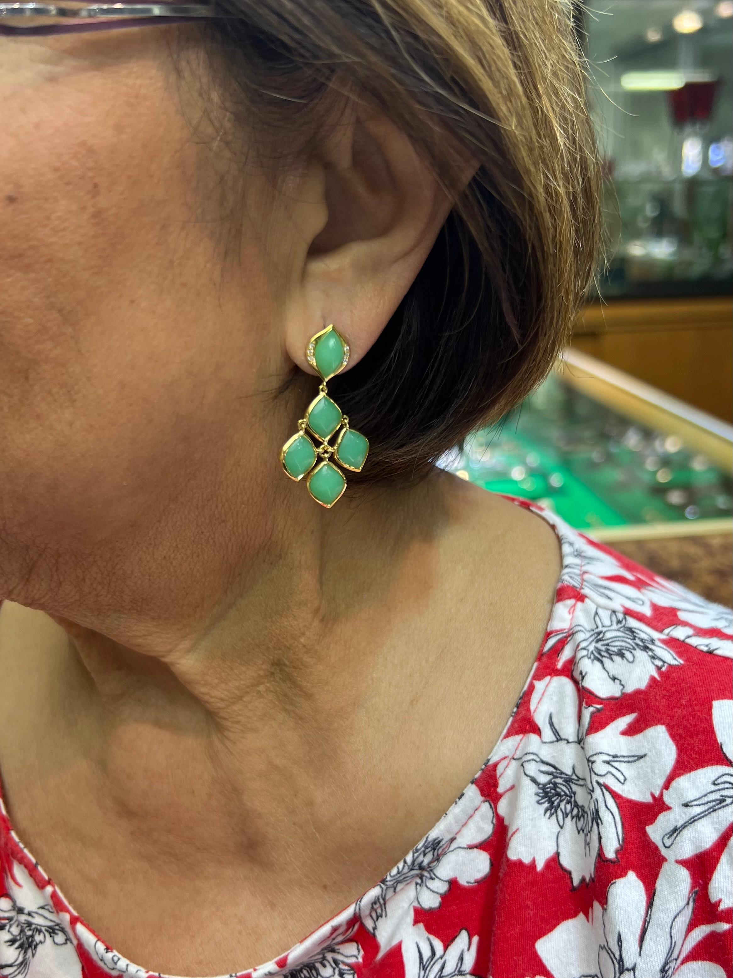 Chrysoprase Diamond Yellow Gold Drop Earrings In Good Condition In Los Angeles, CA