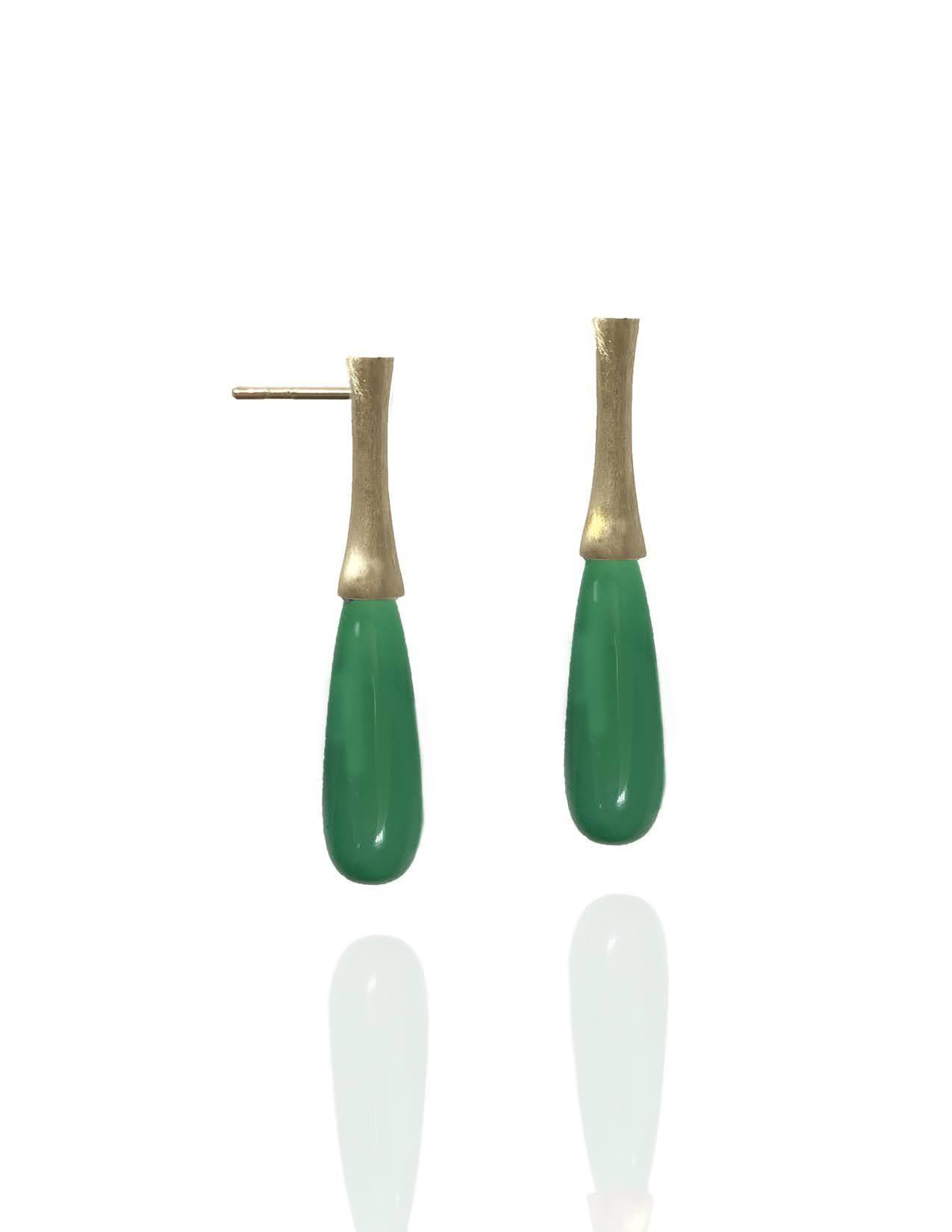 Long and elegant, these contemporary Chrysoprase drops are set in 14k brushed yellow gold. Earrings have a post and medium back. A perfect pop of color, these green drops are 41 carats in total weight. Total length of each earring is 2 inches, at