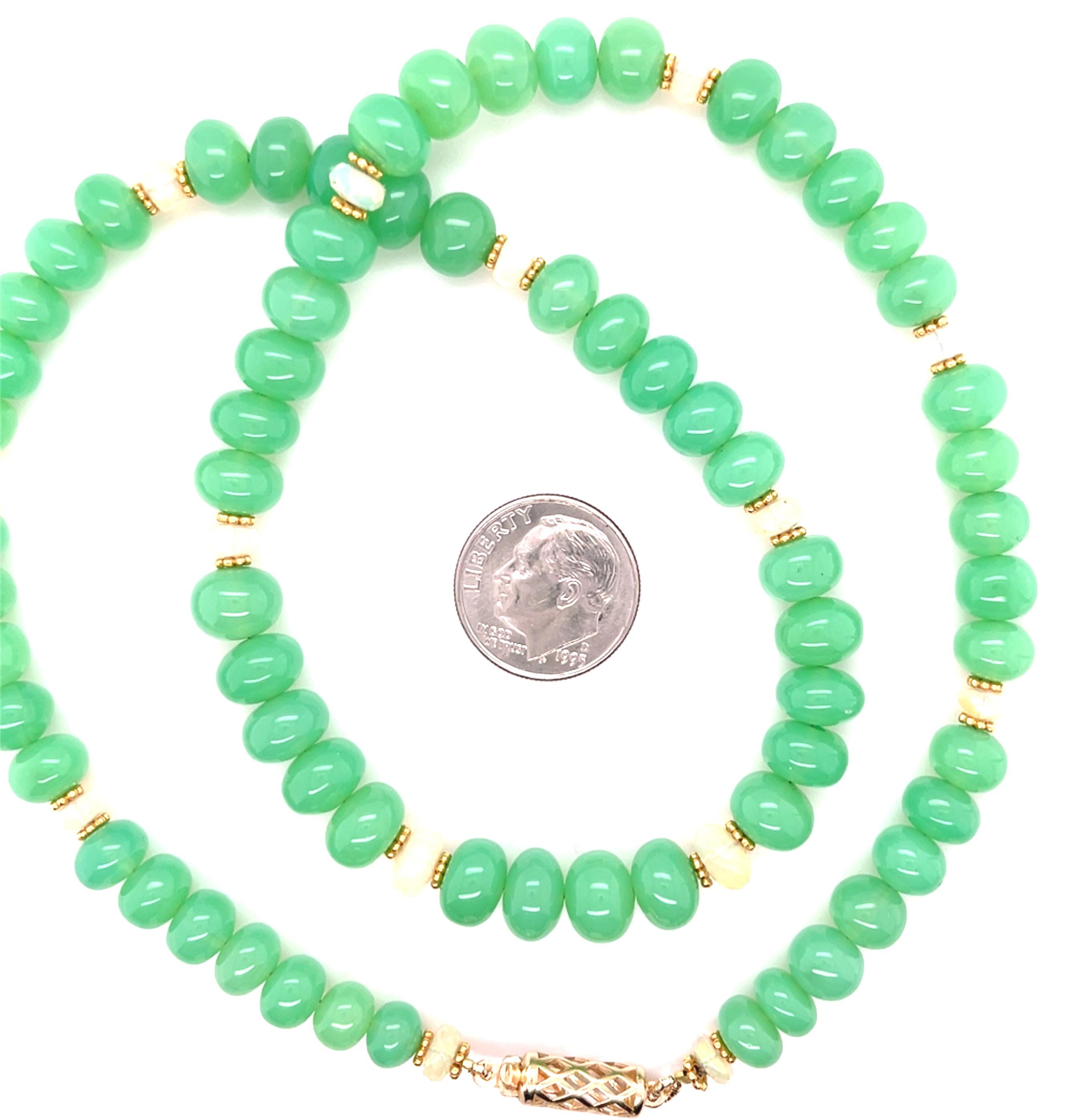 Oval Cut Chrysoprase, Faceted Opal and Yellow Gold Beaded Necklace, 19.25 Inches For Sale