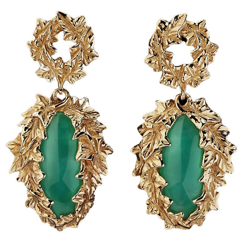 Ivy earrings with green cabochon-cut Chrysoprase in 14K yellow gold
Chrysoprase origin - Kazakhstan
gemstone measurements -  0.12 х 0.35 х 0.87 in / 3 х 9 х 22 mm
chrysoprase weight - 13.65 carats
earrings length - 45 mm / 1.77 in
earrings weight -