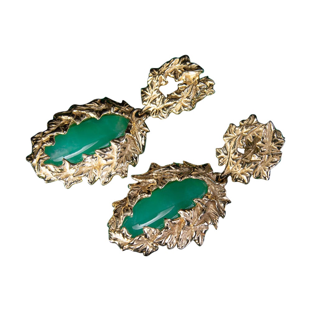 Crisoprasa Pendientes de Oro Colgantes Largos Verde Estilo Art Nouveau en venta