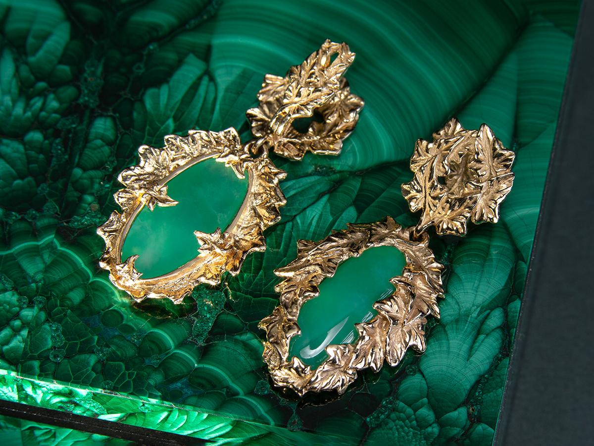 Chrysoprase gold earrings Ivy dangle long green art nouveau style For Sale 6