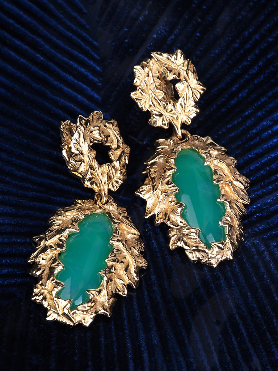 Cabochon Chrysoprase gold earrings Ivy dangle long green art nouveau style For Sale