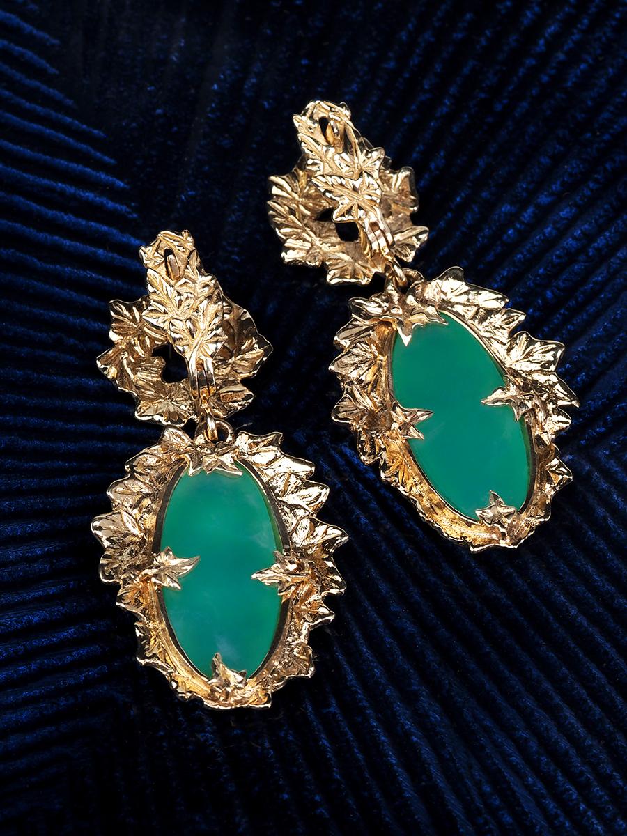 Chrysoprase gold earrings Ivy dangle long green art nouveau style For Sale 3