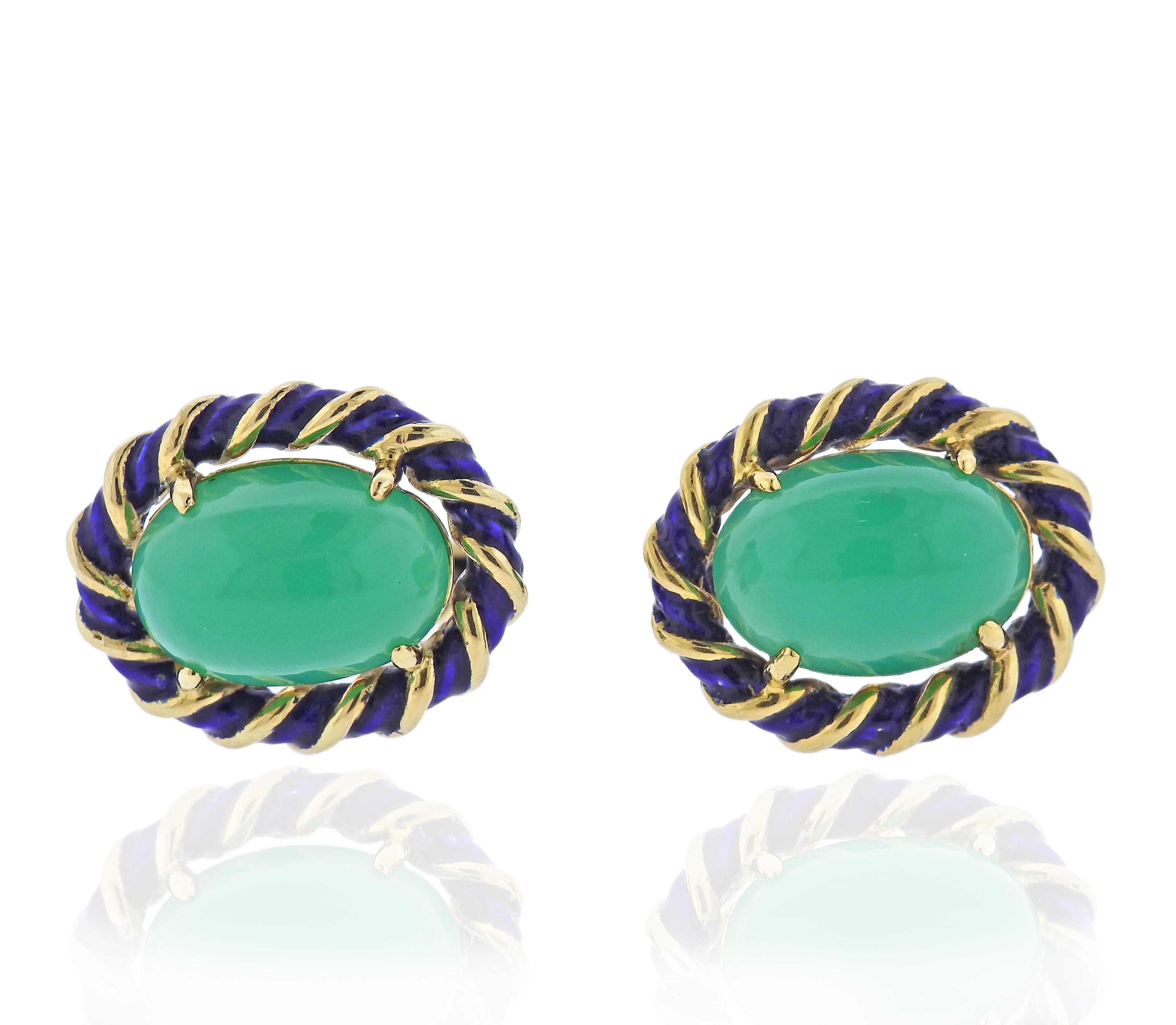 Pair of 18k gold cufflinks, decorated with 15.3x 10.8mm chrysoprase cabochons and blue enamel.  Each top is 22 x 18mm, weigh 24.5 grams.