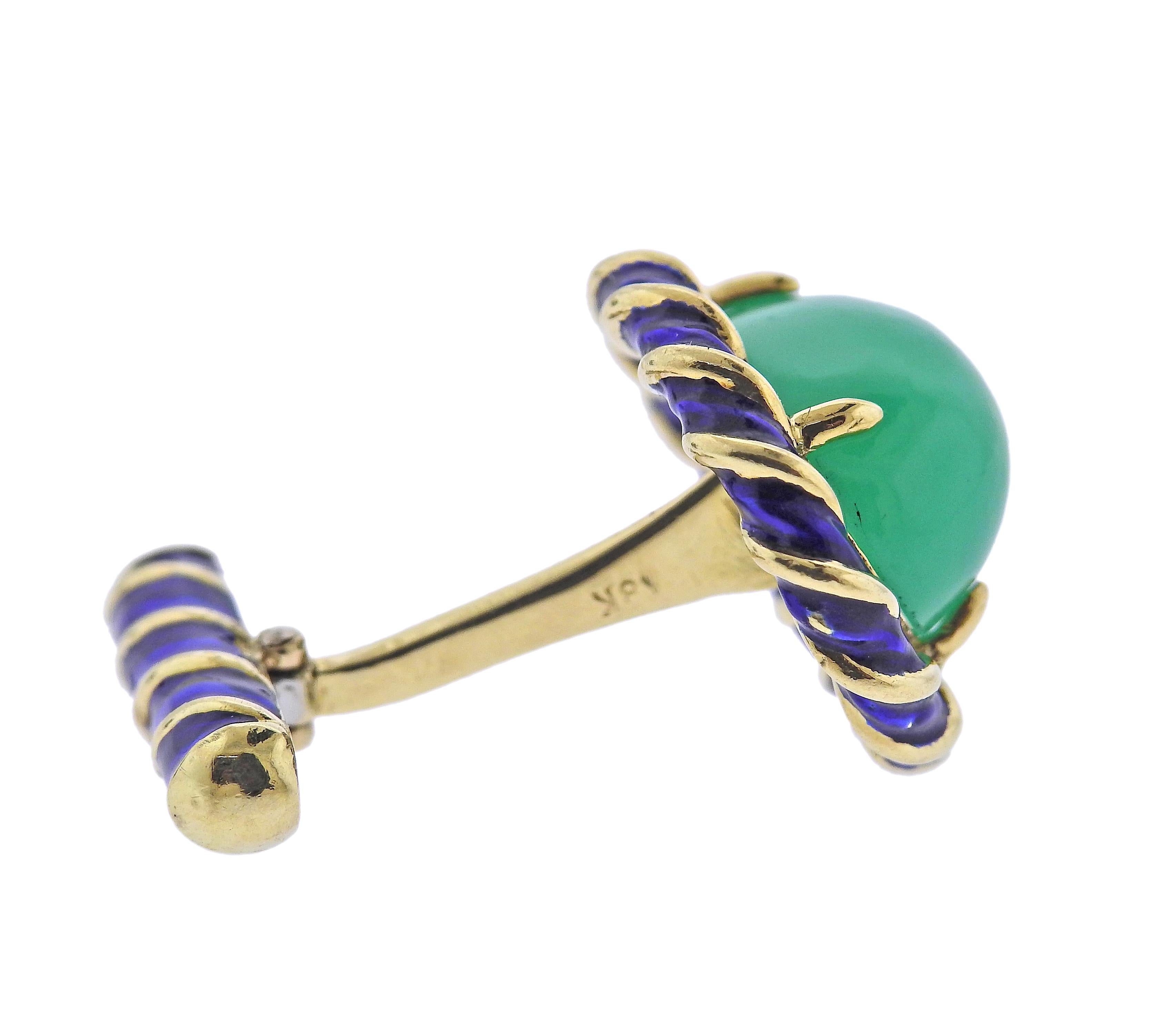 Men's Chrysoprase Gold Enamel Cufflinks For Sale