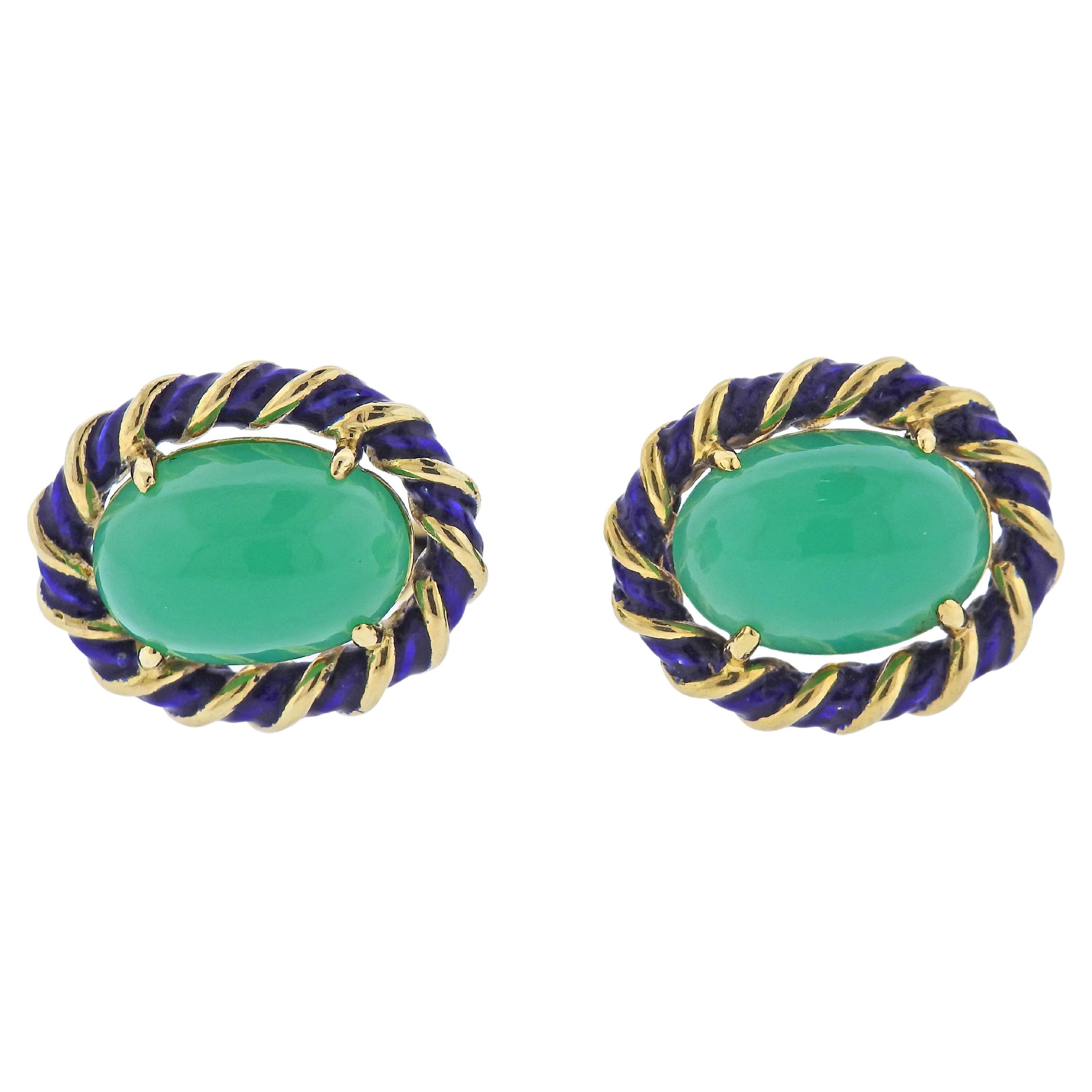 Chrysoprase Gold Enamel Cufflinks For Sale