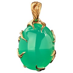 Chrysoprase Gold Pendant in 14k Gold Necklace Natural High Quality Green Gemston