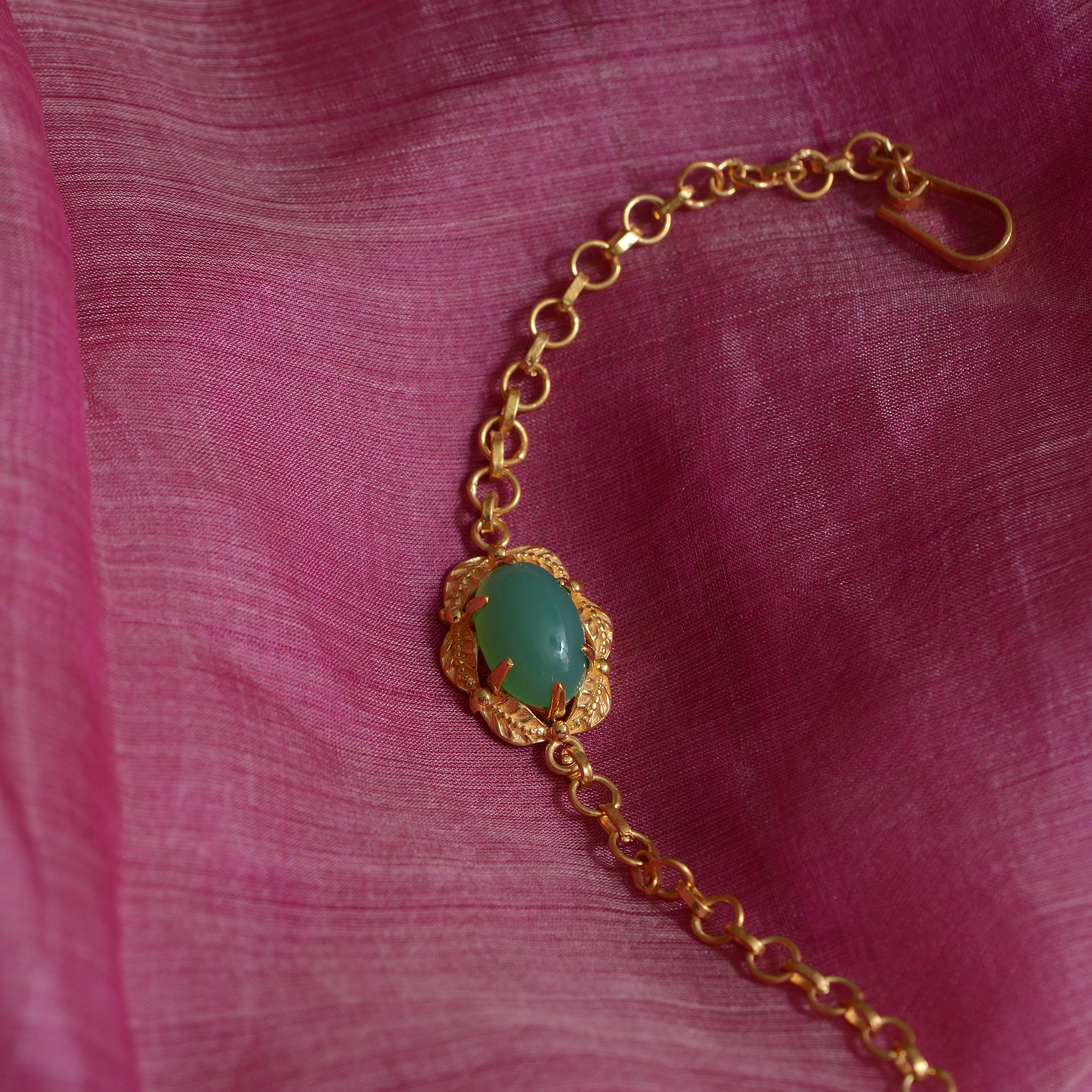 Artisan Chrysoprase Hand-Engraved Gold Plate Bracelet For Sale
