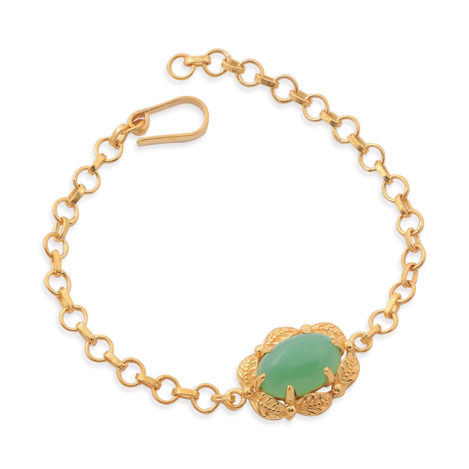 Cabochon Chrysoprase Hand-Engraved Gold Plate Bracelet For Sale