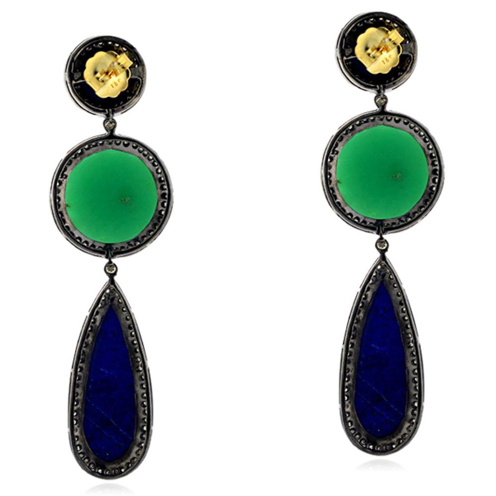 Art Nouveau Chrysoprase & Lapis Gemstone Earring With Diamonds made in 18k Gold & Silver For Sale
