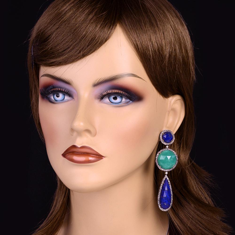 Art Nouveau Chrysoprase & Lapis Gemstone Earring With Diamonds made in 18k Gold & Silver   For Sale