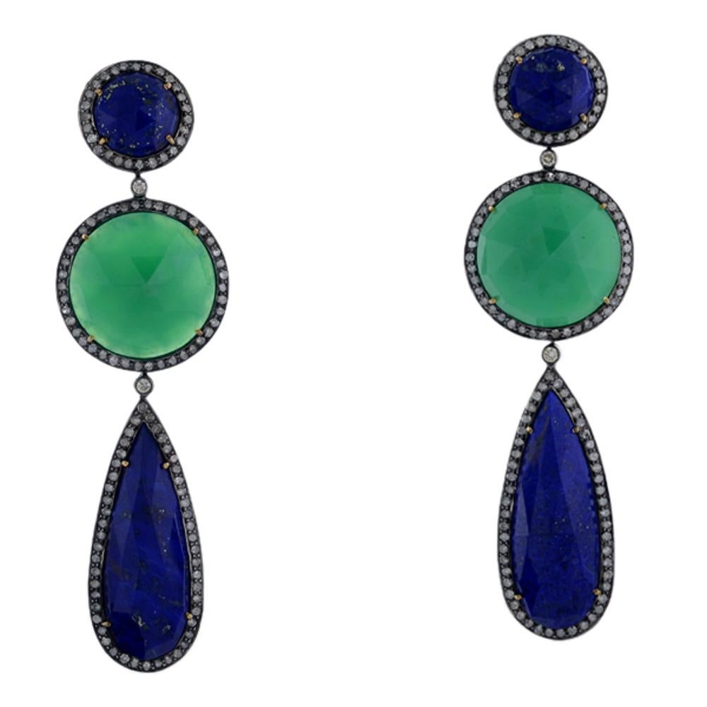 Mixed Cut Chrysoprase & Lapis Gemstone Earring With Diamonds made in 18k Gold & Silver   For Sale