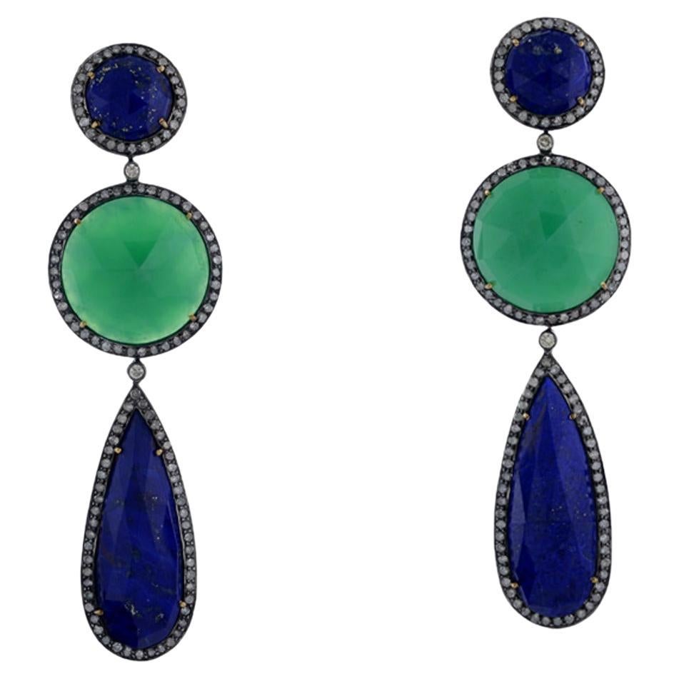 Chrysoprase & Lapis Gemstone Earring With Diamonds made in 18k Gold & Silver  