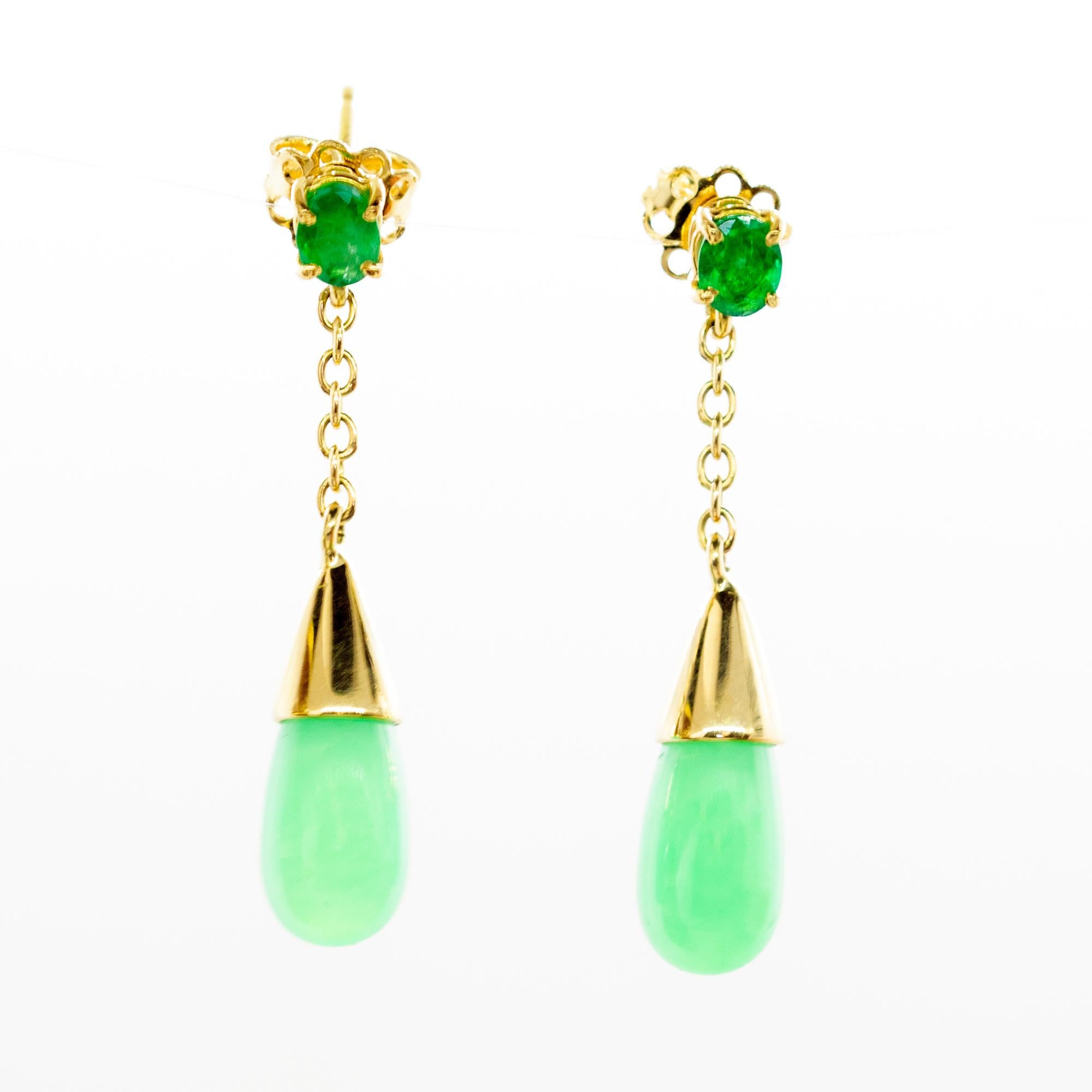 Dreamy translucent green chrysoprase and precious natural emerald earrings, embellished with 18 karat yellow gold in a unique drop tear-pear shape. Let Intini Jewels, our traditional Handmade Milanese brand, surprise you with fashionable accessories