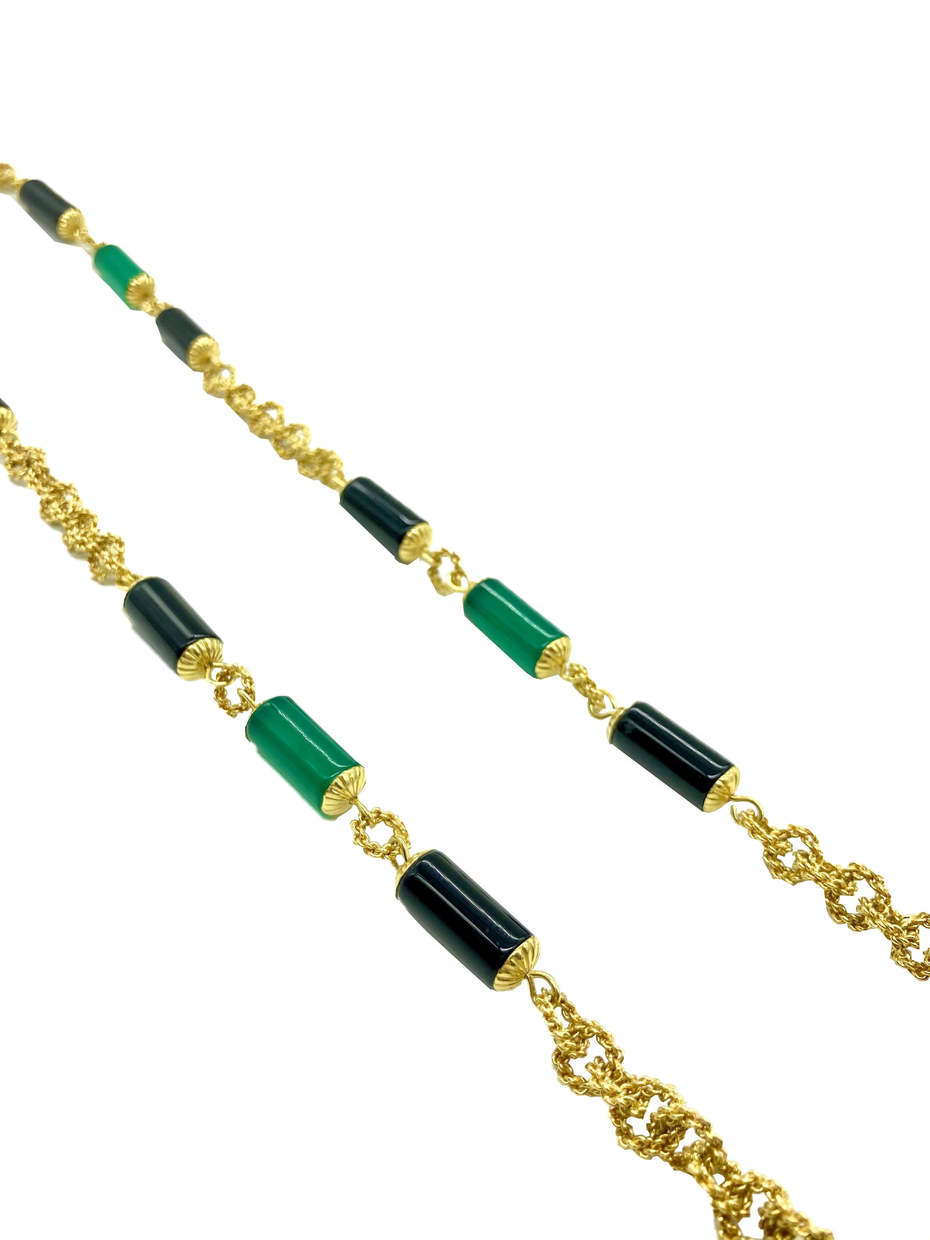 Women's Chrysoprase and Onyx Bead Yellow Gold Sautoir Chain Necklace