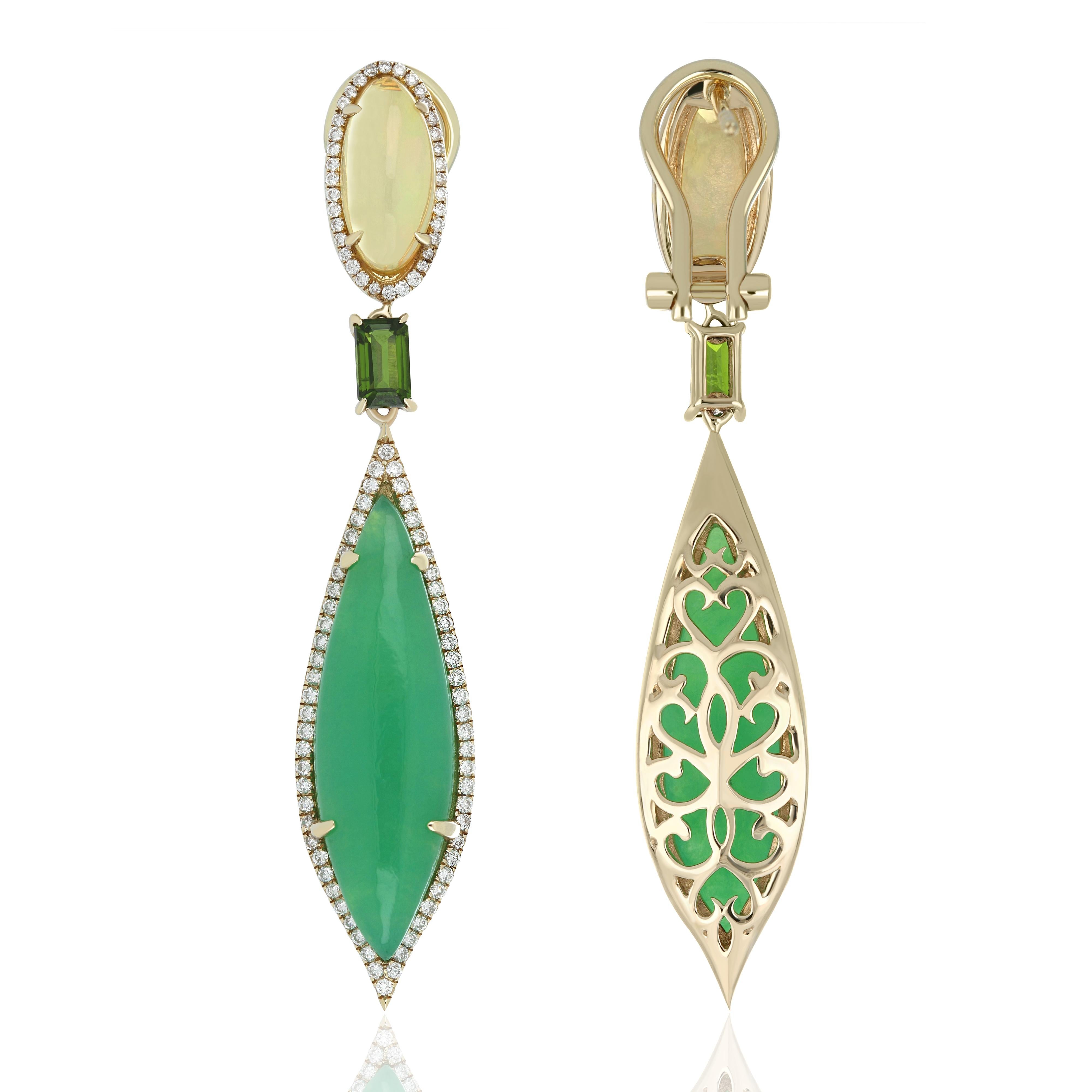 Beautiful and Elegant pair of Multi Stone Dangle Earring set with 13.20 Cts of  Marquise Cabochon Chrysoprase, enhanced with Octagon  Cut 0.73 Cts Chrome Diopside & vibrant Ethiopian Opal.  Accented with micro pave set 0.62 Cts of Diamond in 14 Kata