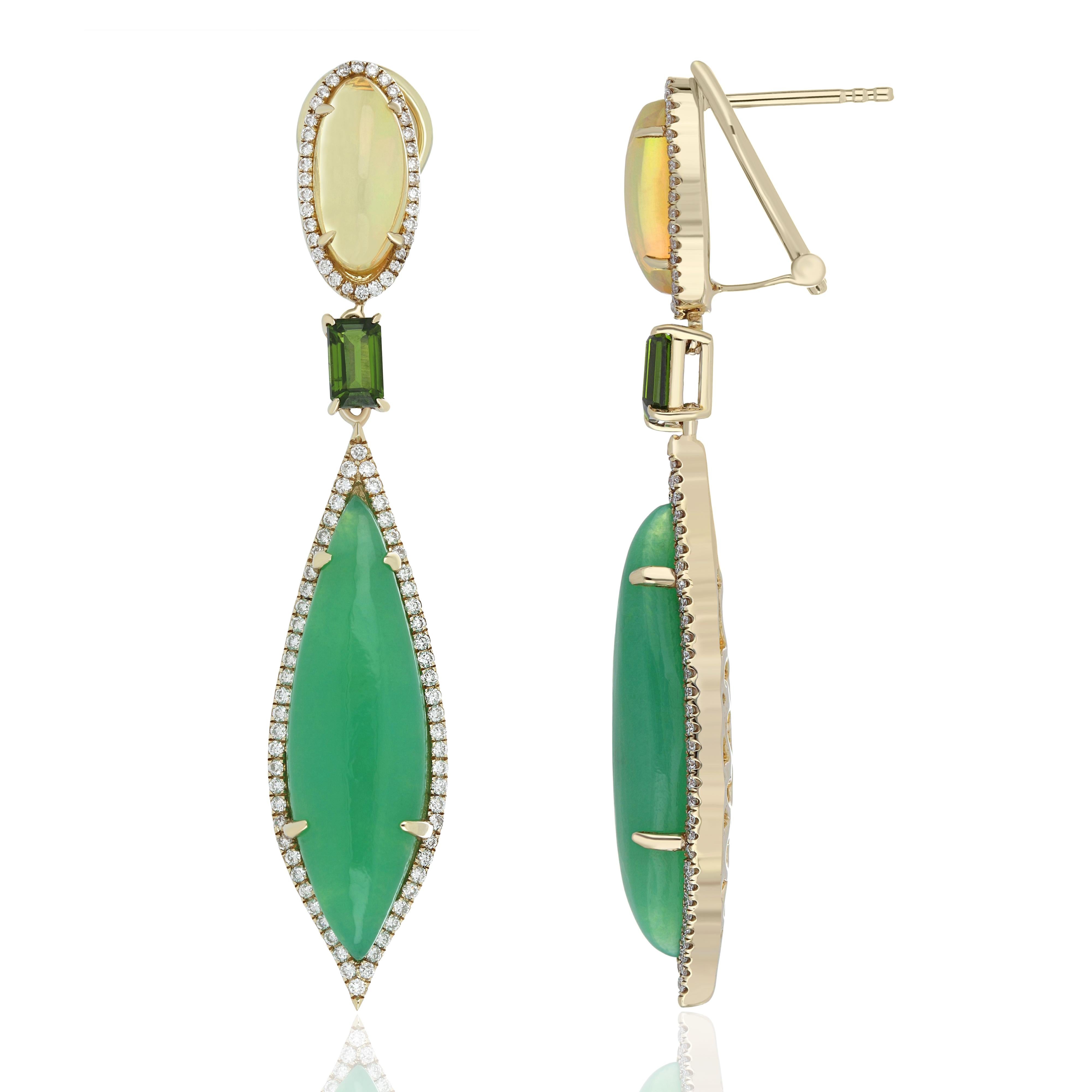 Cabochon Chrysoprase, Opal, Chrome and Diamond Studded Earring in 14 Karat Yellow Gold For Sale