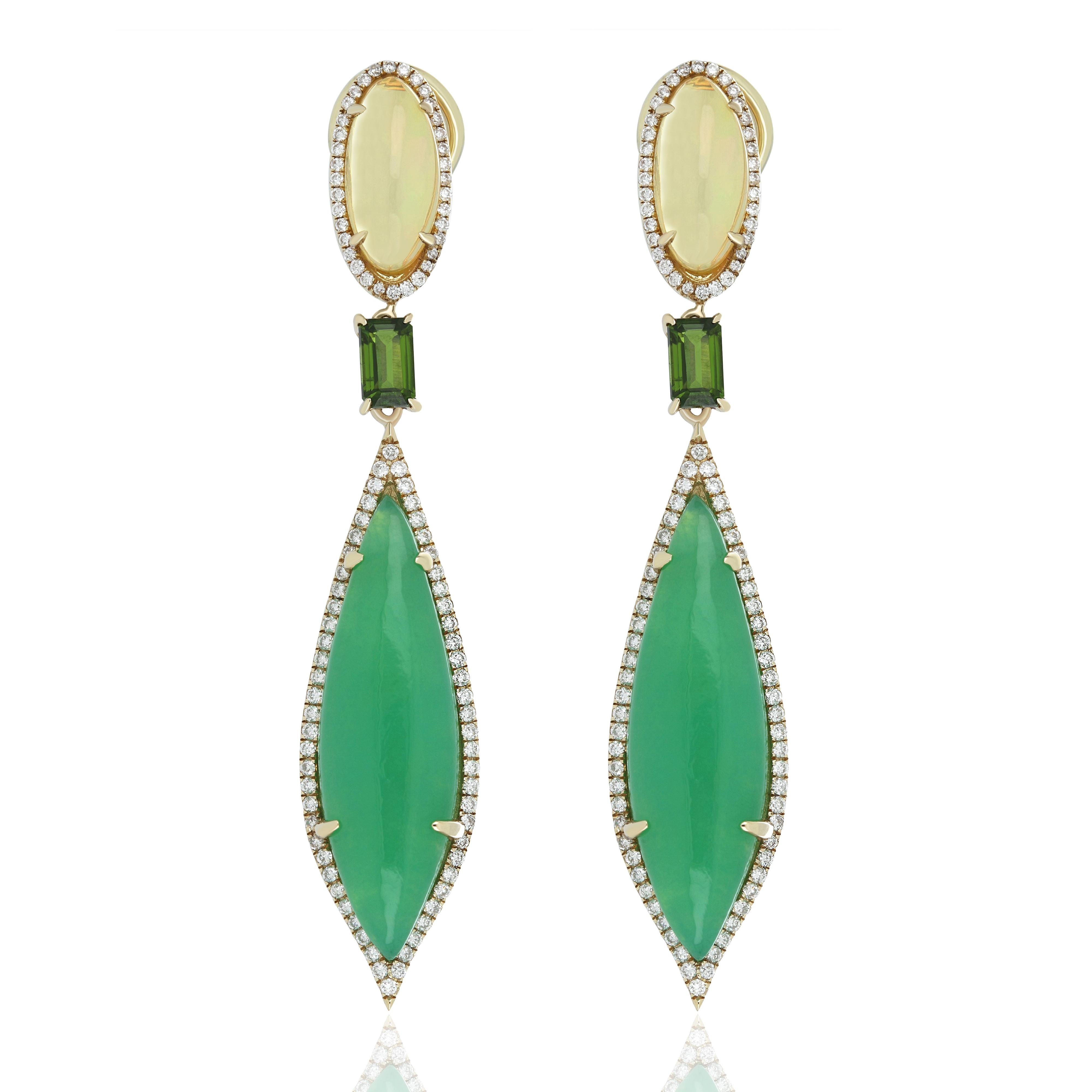 Chrysoprase, Opal, Chrome and Diamond Studded Earring in 14 Karat Yellow Gold In New Condition For Sale In JAIPUR, IN