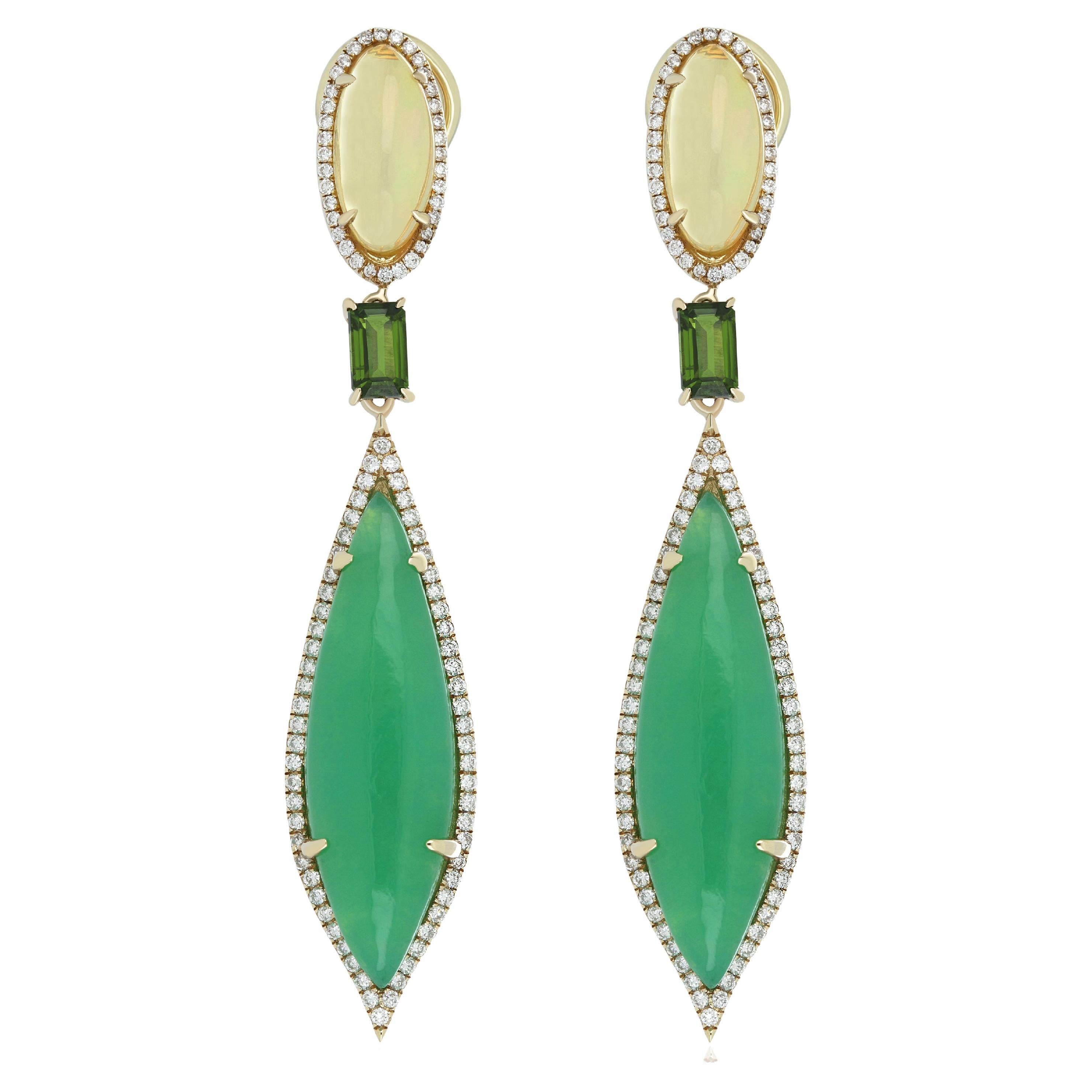 Chrysoprase, Opal, Chrome and Diamond Studded Earring in 14 Karat Yellow Gold For Sale