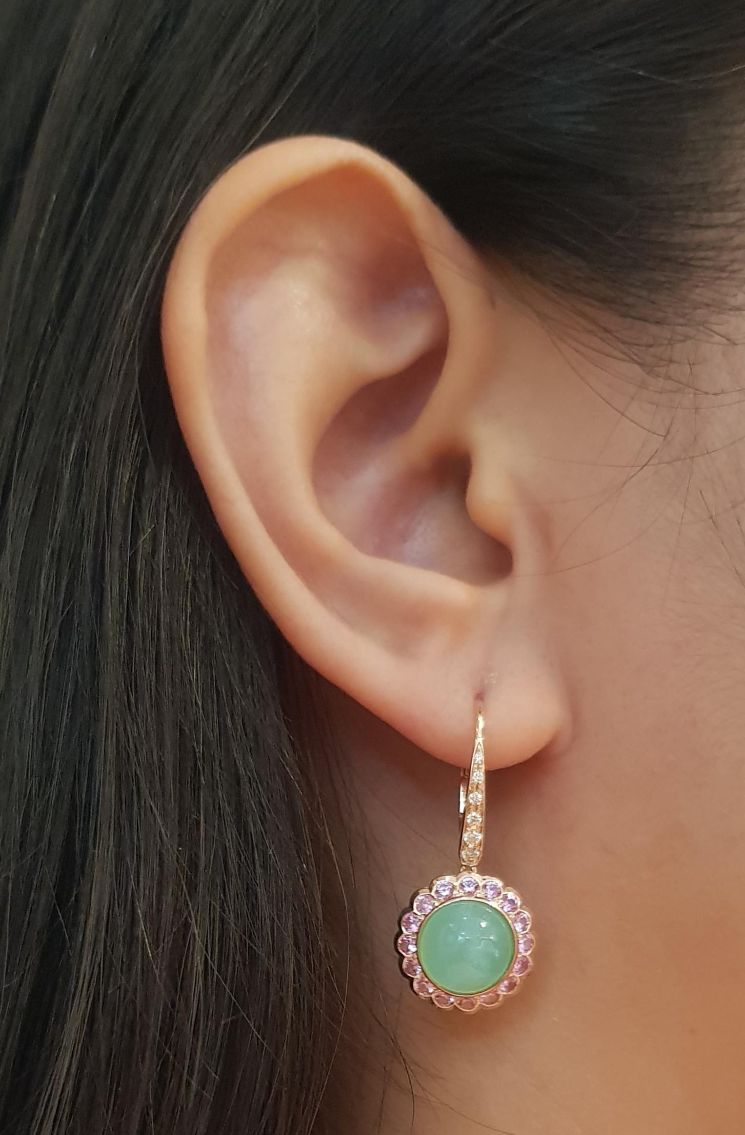 Chrysoprase 6.64 carats, Pink Sapphire 1.15 carats and Diamond 0.12 carat Earrings set in 18K Rose Gold Settings

Width: 1.5 cm 
Length: 2.5 cm
Total Weight: 6.91 grams

