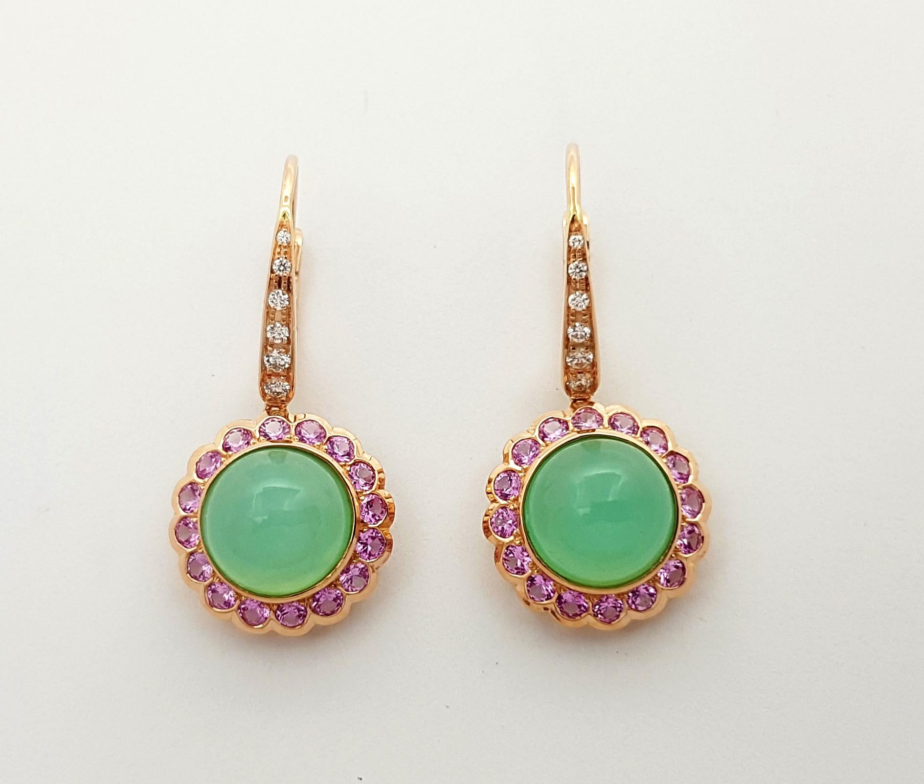 Contemporary Chrysoprase, Pink Sapphire and Diamond Earrings Set in 18k Rose Gold Settings For Sale
